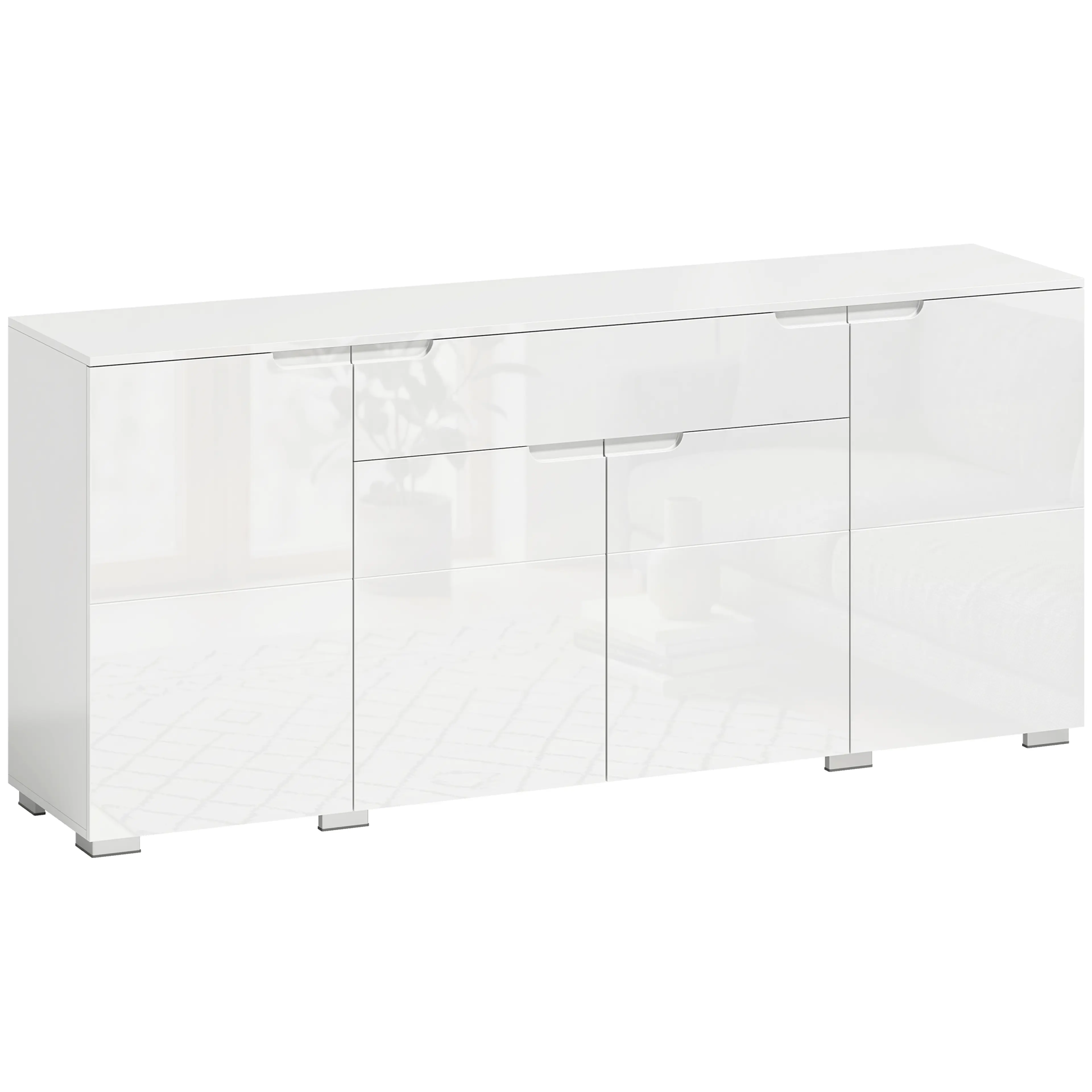 Sideboard i högglansvit sett snett framifrån, med låda i mitten och skåp på båda sidor