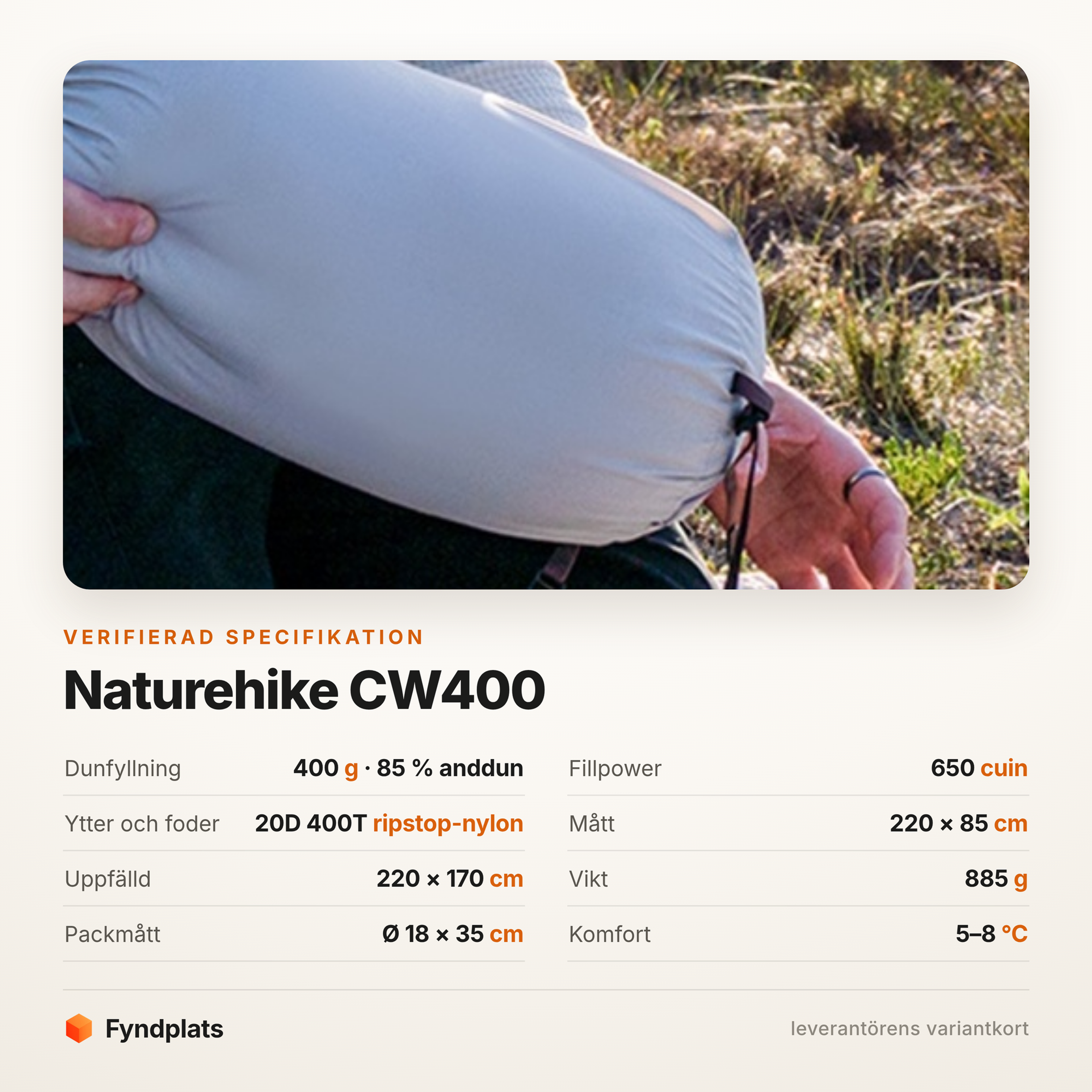 Specifikation: 400 g anddun, 650 cuin fillpower, 20D ripstop-nylon och 885 g totalvikt