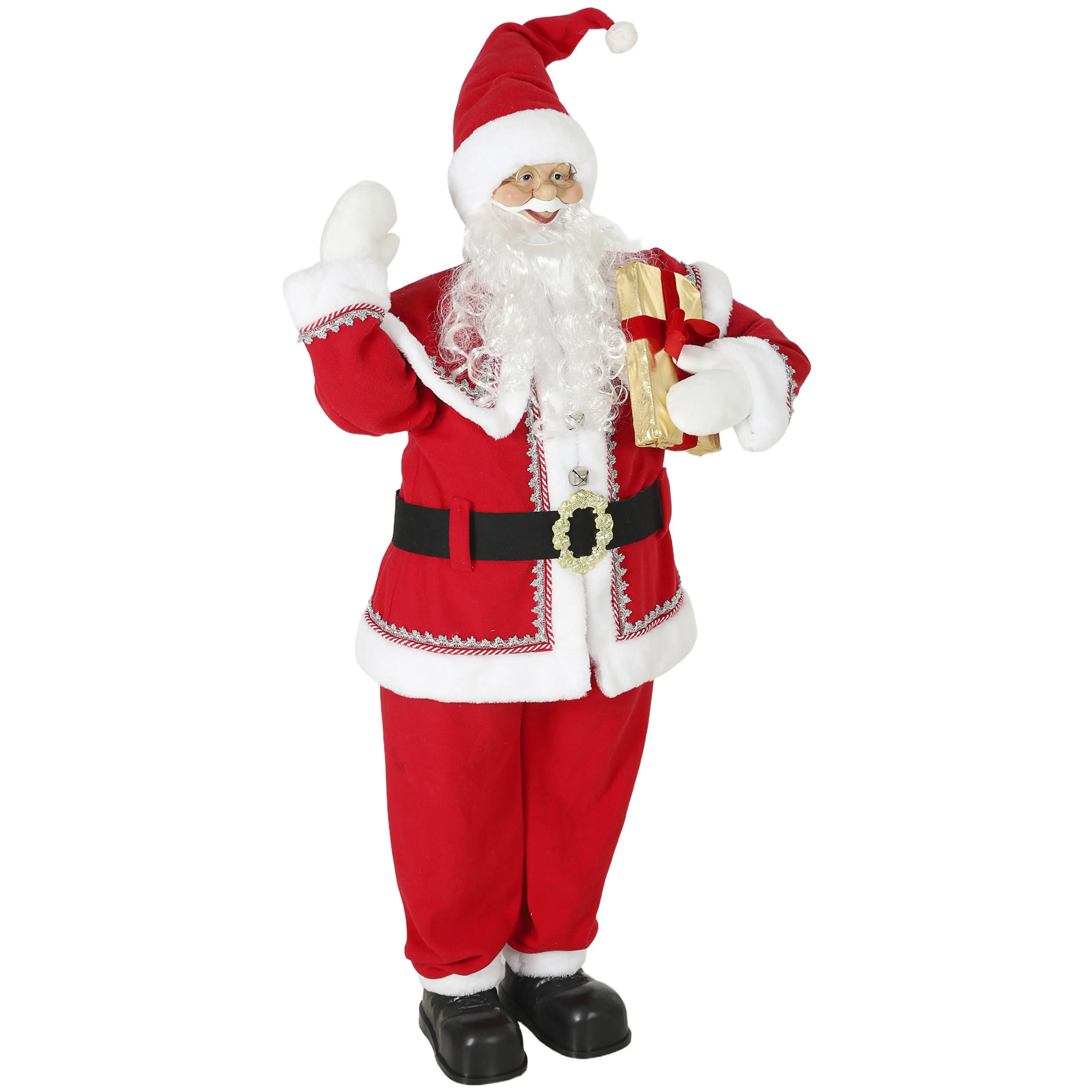 Sjungande jultomte 150 cm som vinkar och håller ett paket