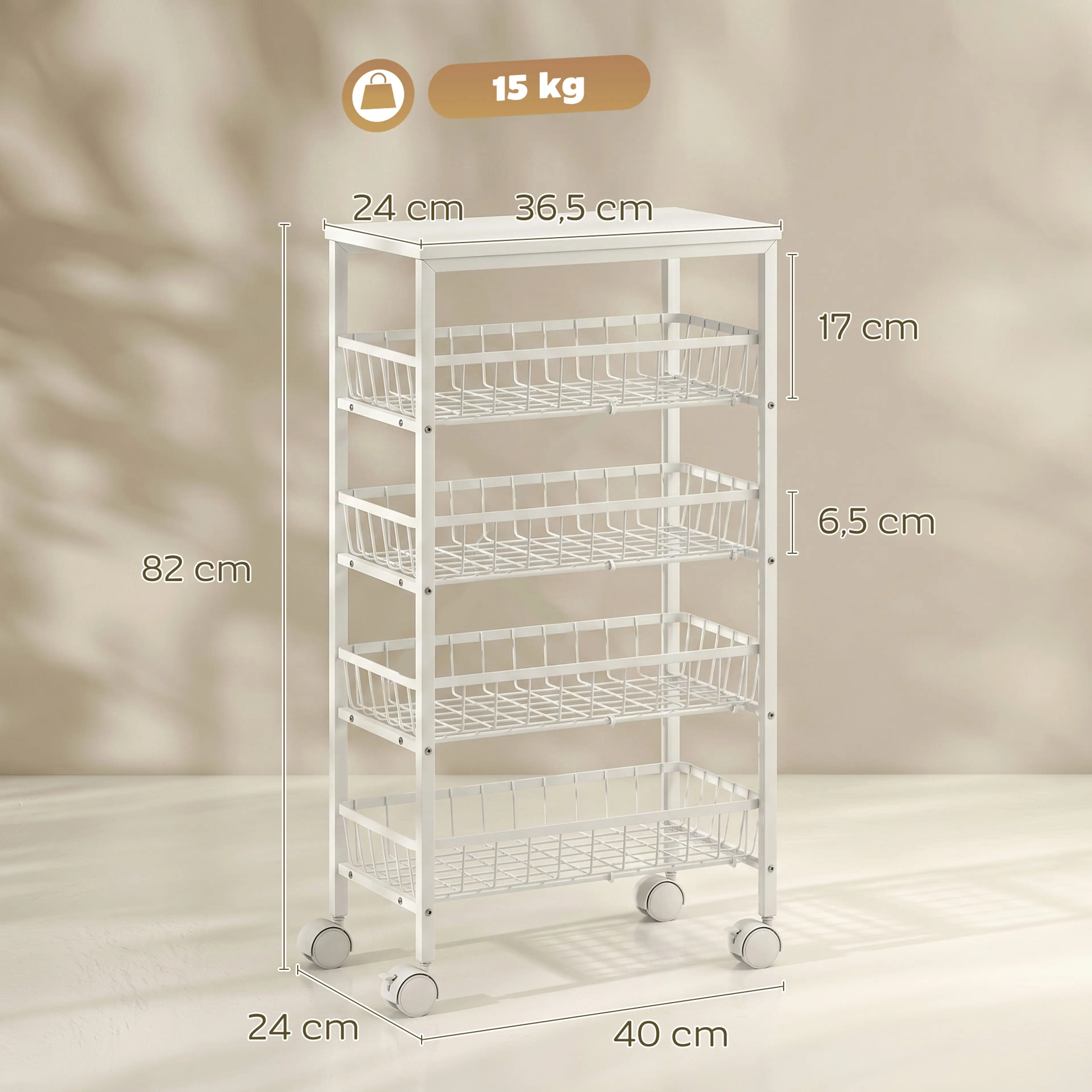 Måttdiagram för rullvagn med korgar – 40 x 24 x 82 cm, maxlast 15 kg