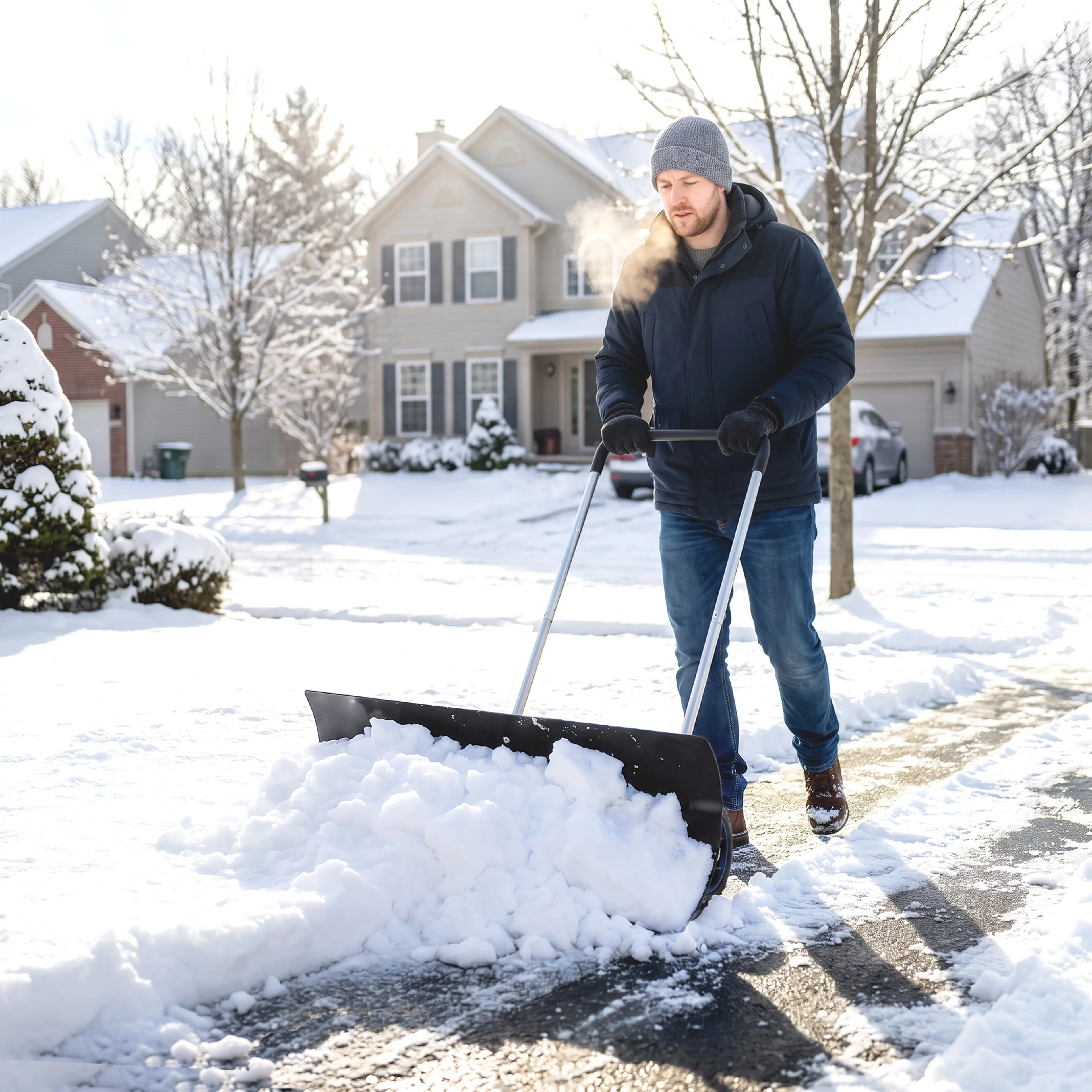Man skjuter snö på en uppfart med snöskyffeln framför ett hus