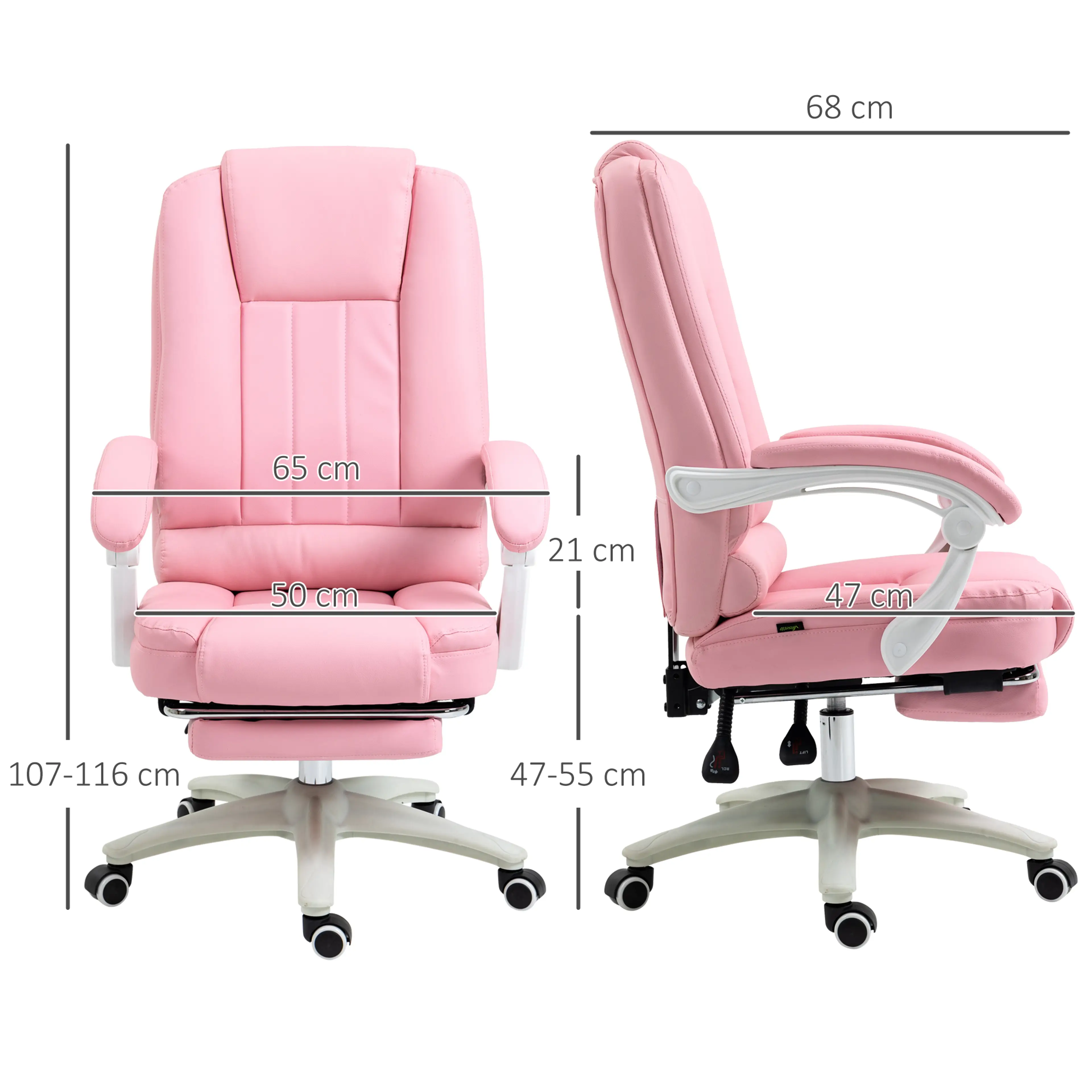 Måttritning med djup 68 cm, bredd 65 cm, höjd 107–116 cm och sitthöjd 47–55 cm