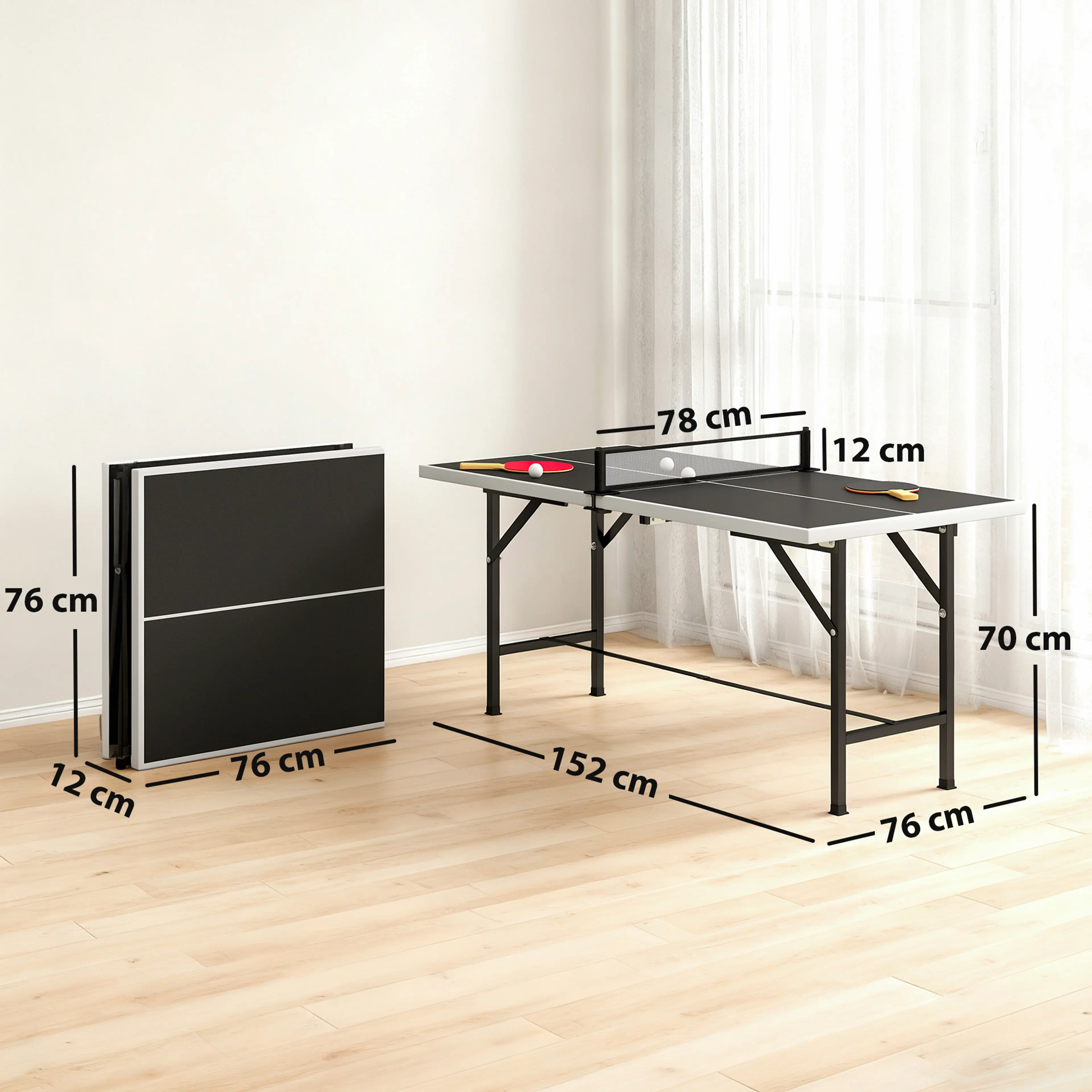 Måttbild: bordet 152 × 76 × 70 cm utfällt och 76 × 76 × 12 cm hopfällt