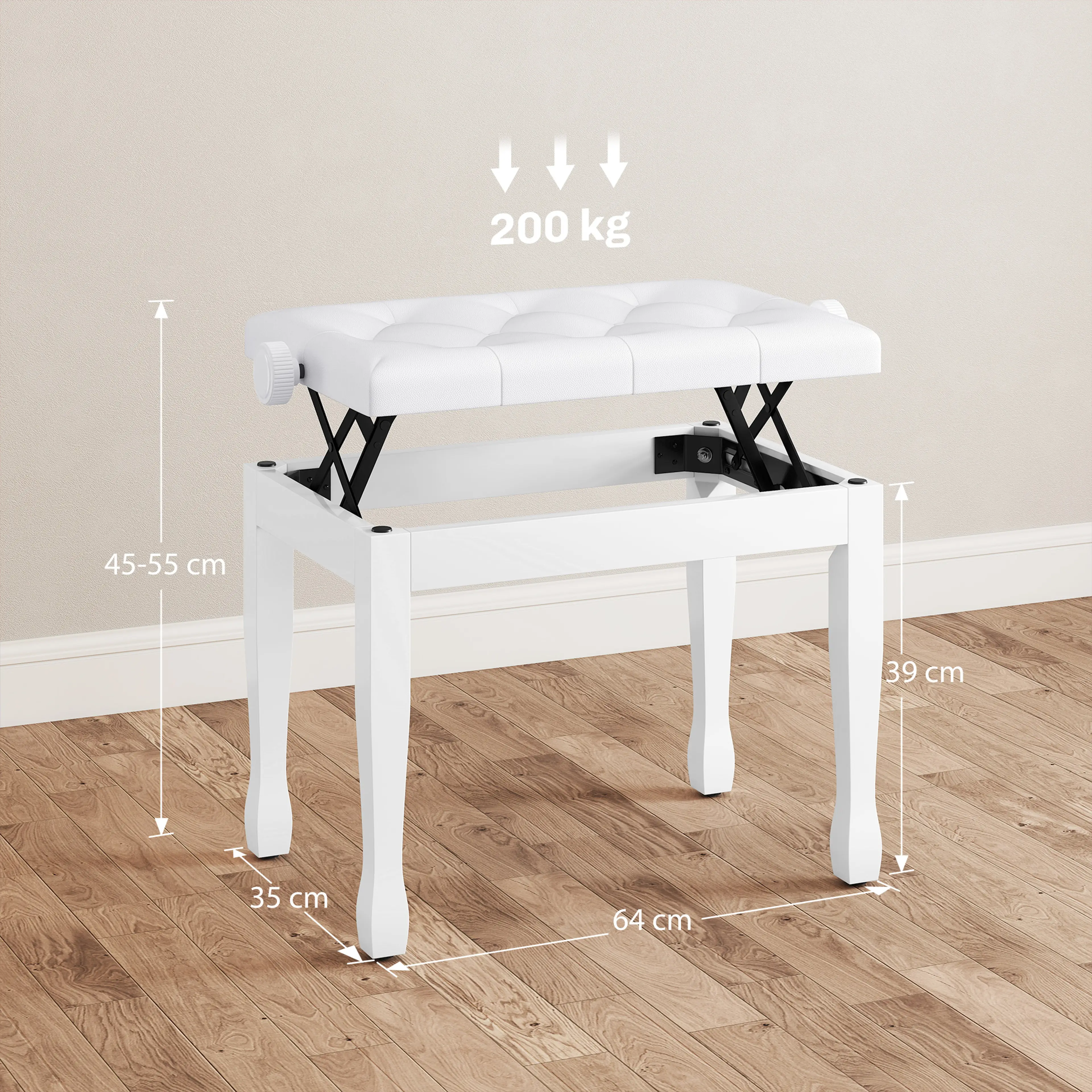 Måttskiss: 64 cm bred, 35 cm djup, höjd 45–55 cm och benhöjd 39 cm