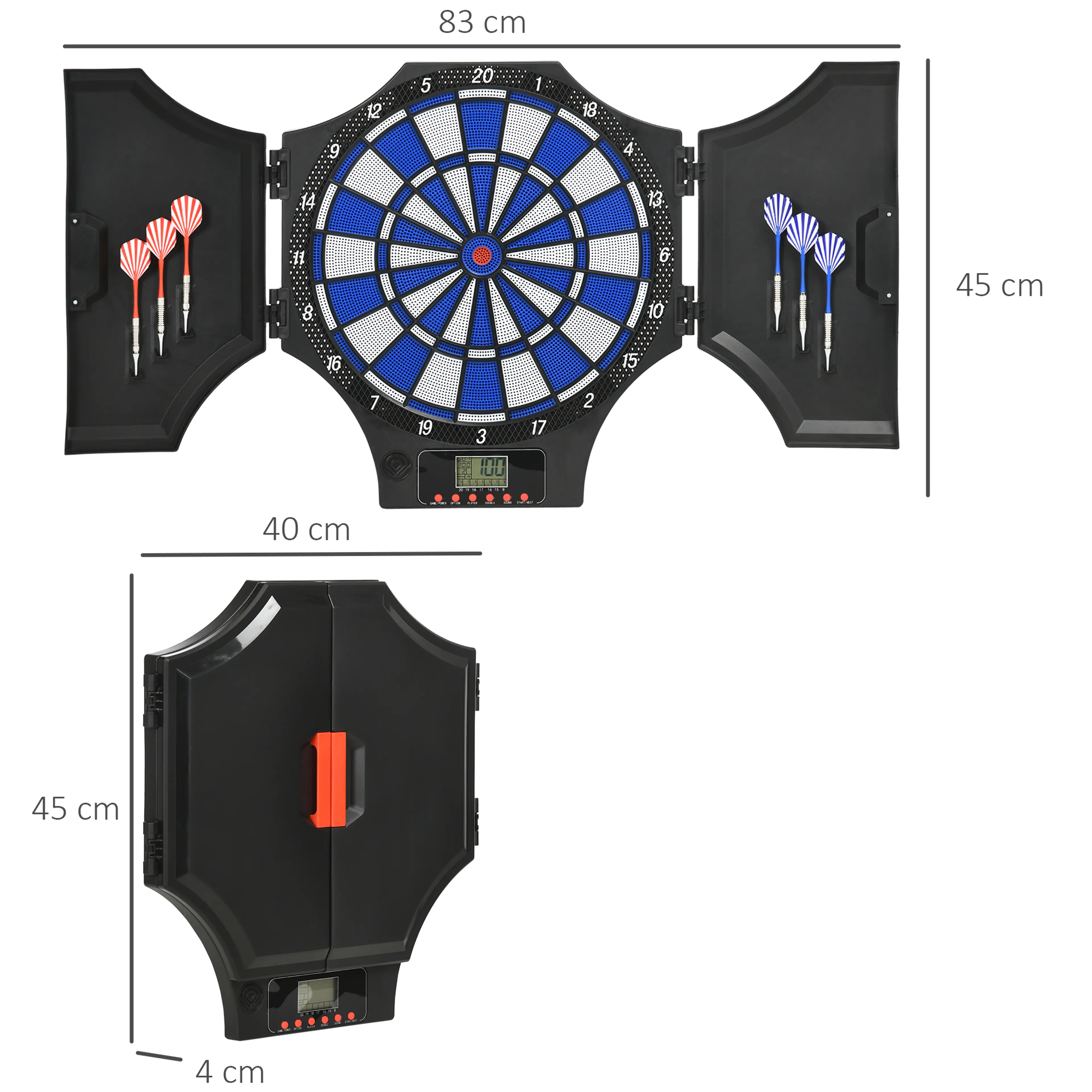 Måttbild: darttavlan är 83 cm bred utfälld och 45 cm hög, och stängd 40 cm bred och 4 cm djup