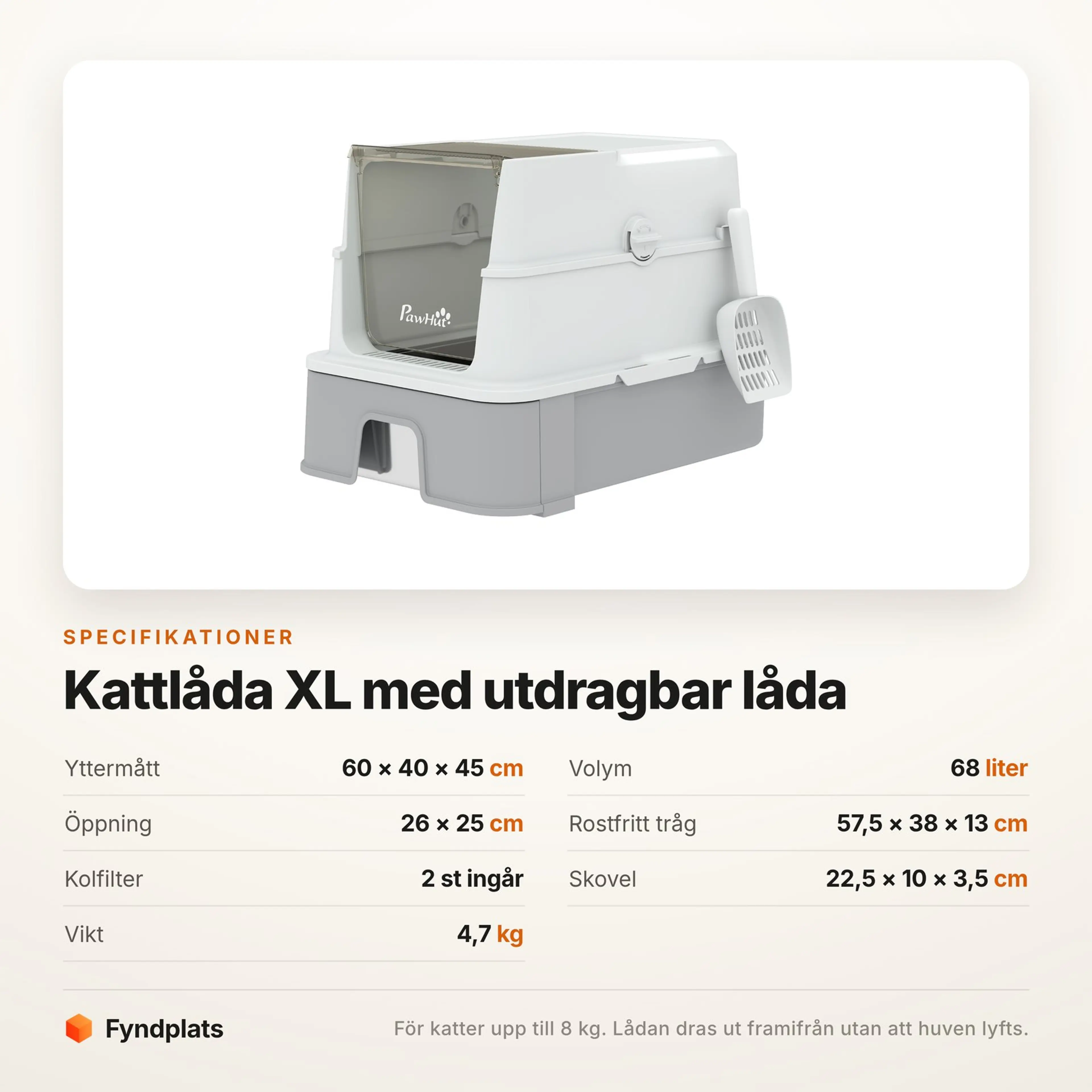 Specifikationskort för kattlåda XL: 60 × 40 × 45 cm, 68 liter, rostfritt tråg och två kolfilter