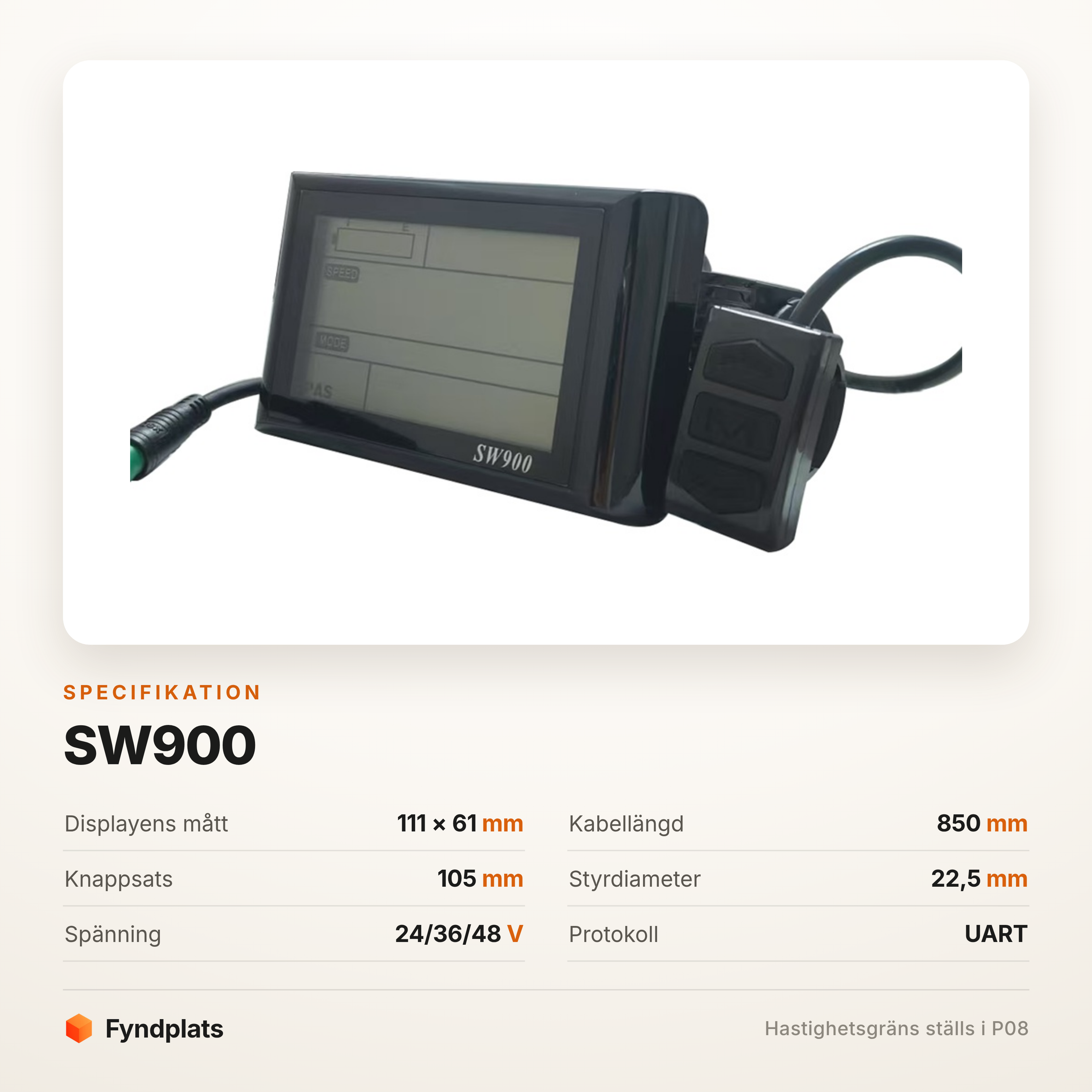 Specifikationer för SW900-displayen – 111 × 61 mm skärm, 850 mm kabel och UART