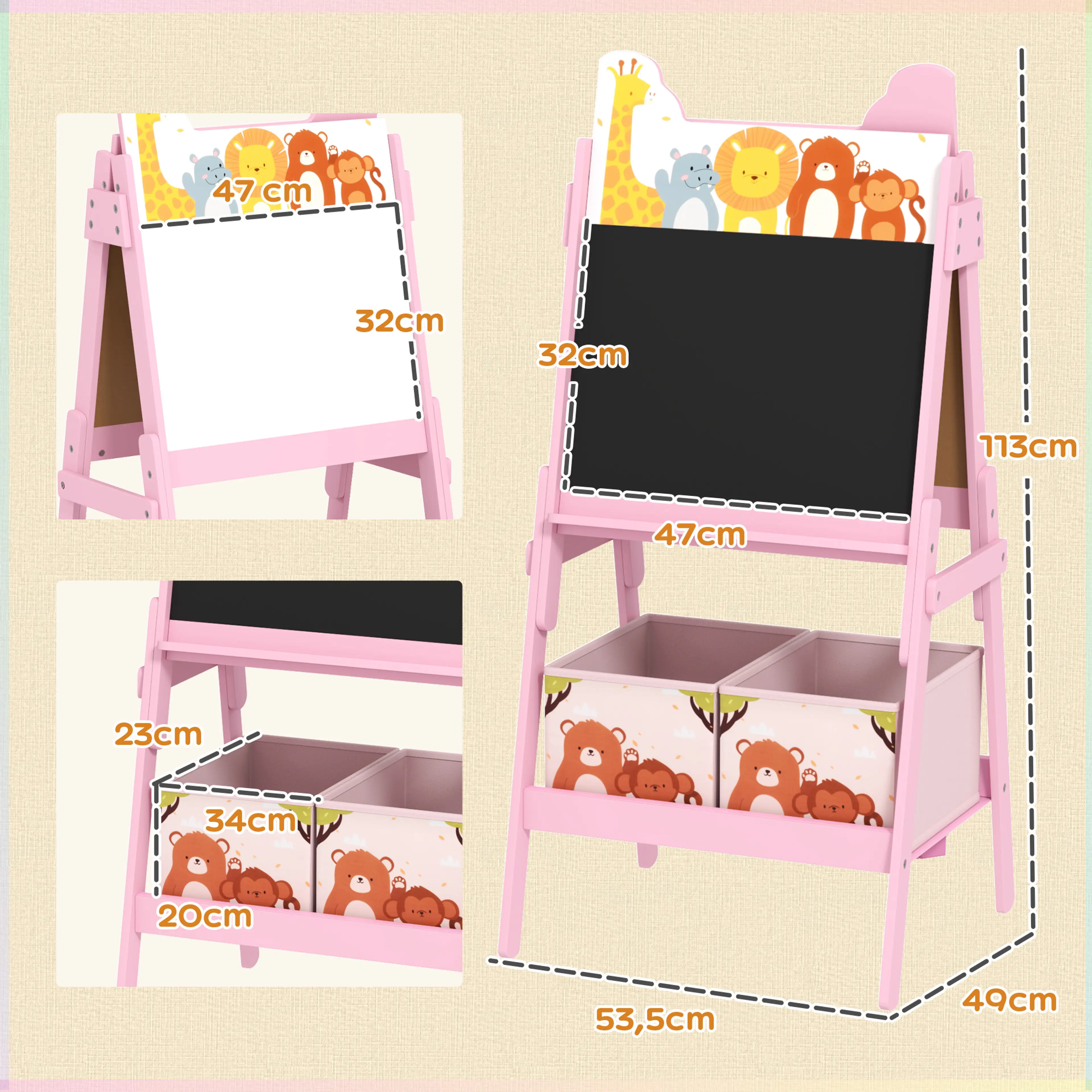 Måttbild som visar staffliet 53,5 × 49 × 113 cm och ritytan 47 × 32 cm