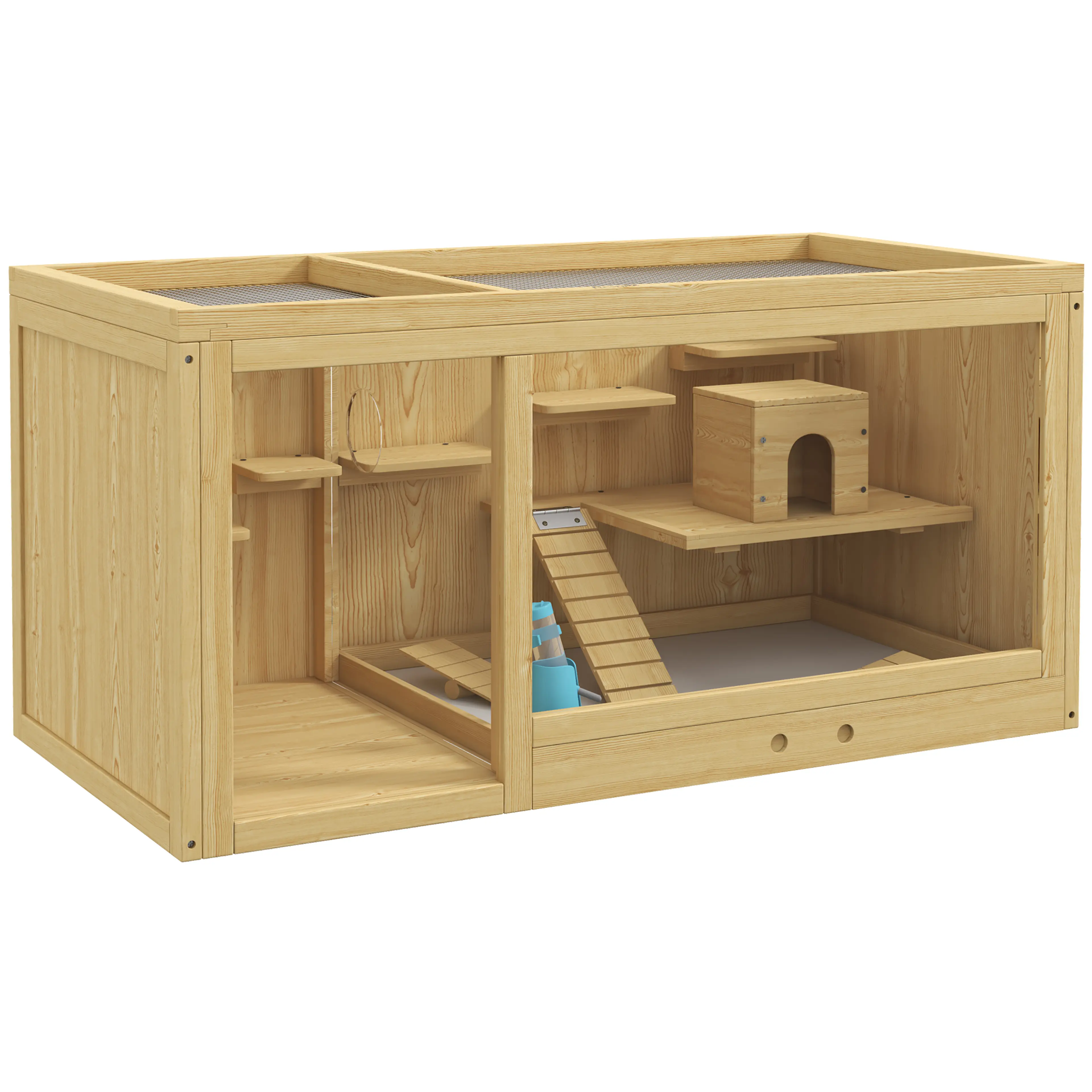 Hamsterbur i naturträ med akrylfront och galler på toppen – 100 × 50 × 50 cm