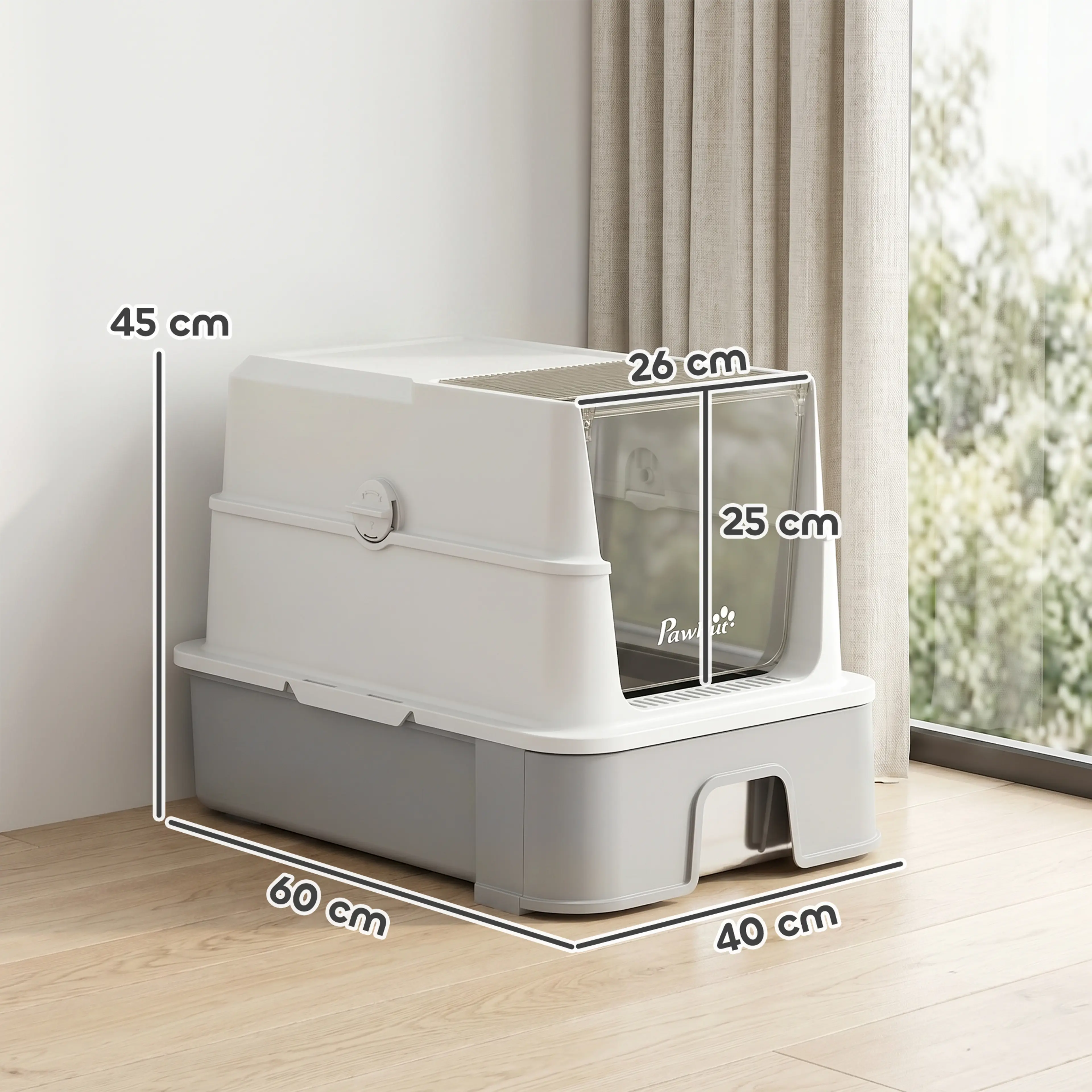 Måttskiss över kattlådan med 60 cm bredd, 40 cm djup, 45 cm höjd och ingång på 26 × 25 cm