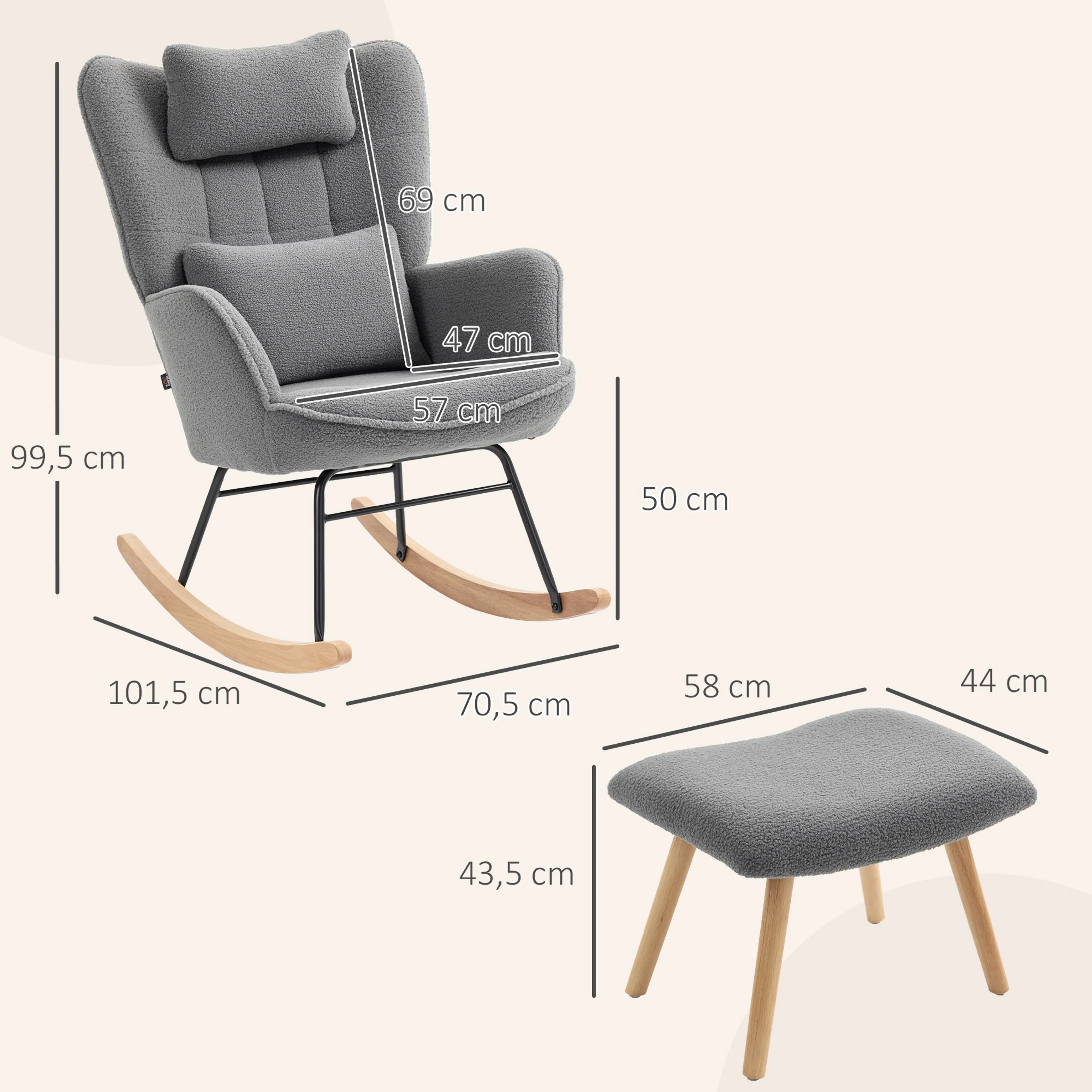 Måttskiss: 101,5 × 70,5 cm golvyta, 99,5 cm höjd och fotpall 58 × 44 cm