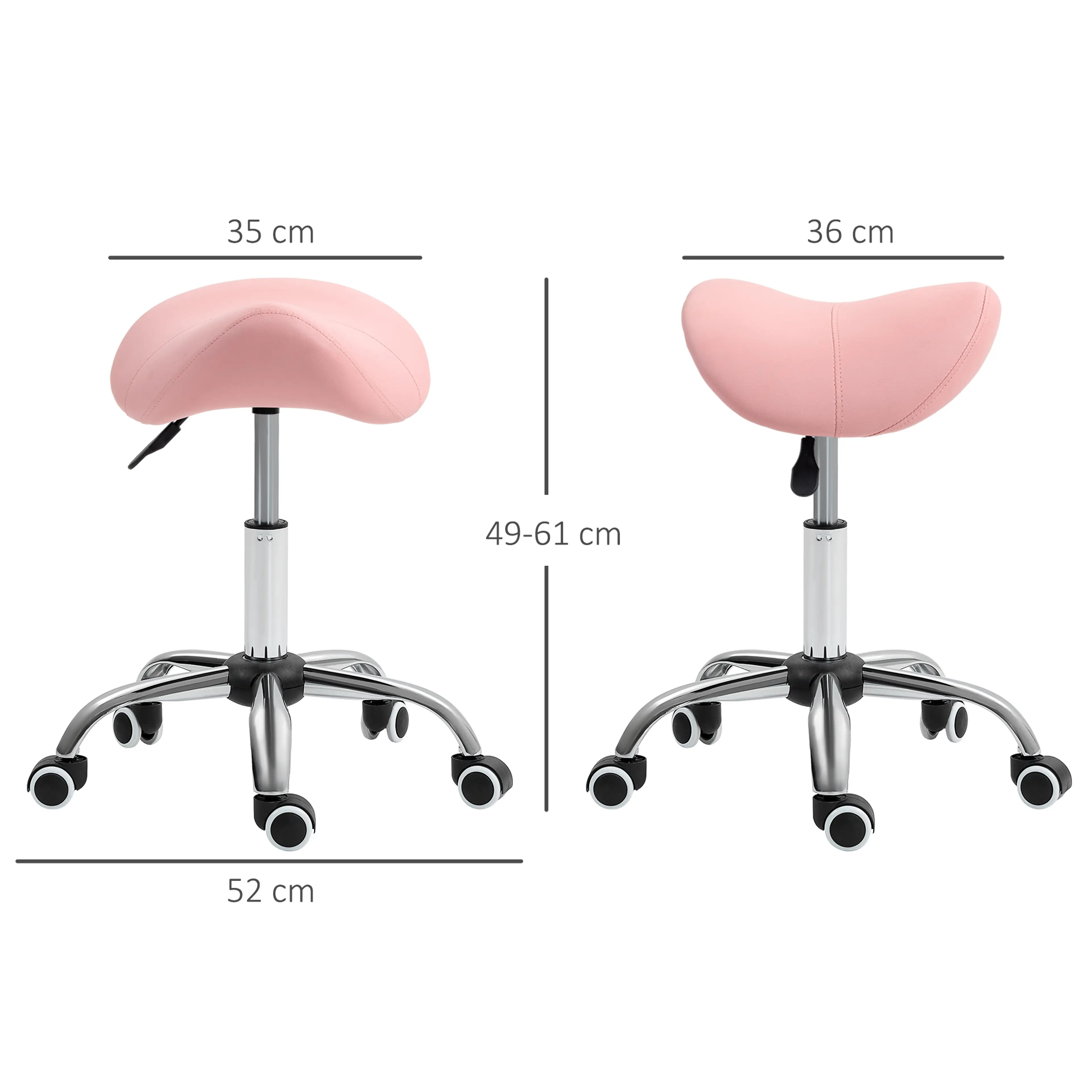 Sadelpall med rosa sits utan ryggstöd och kromat femarmat kryss med nylonhjul
