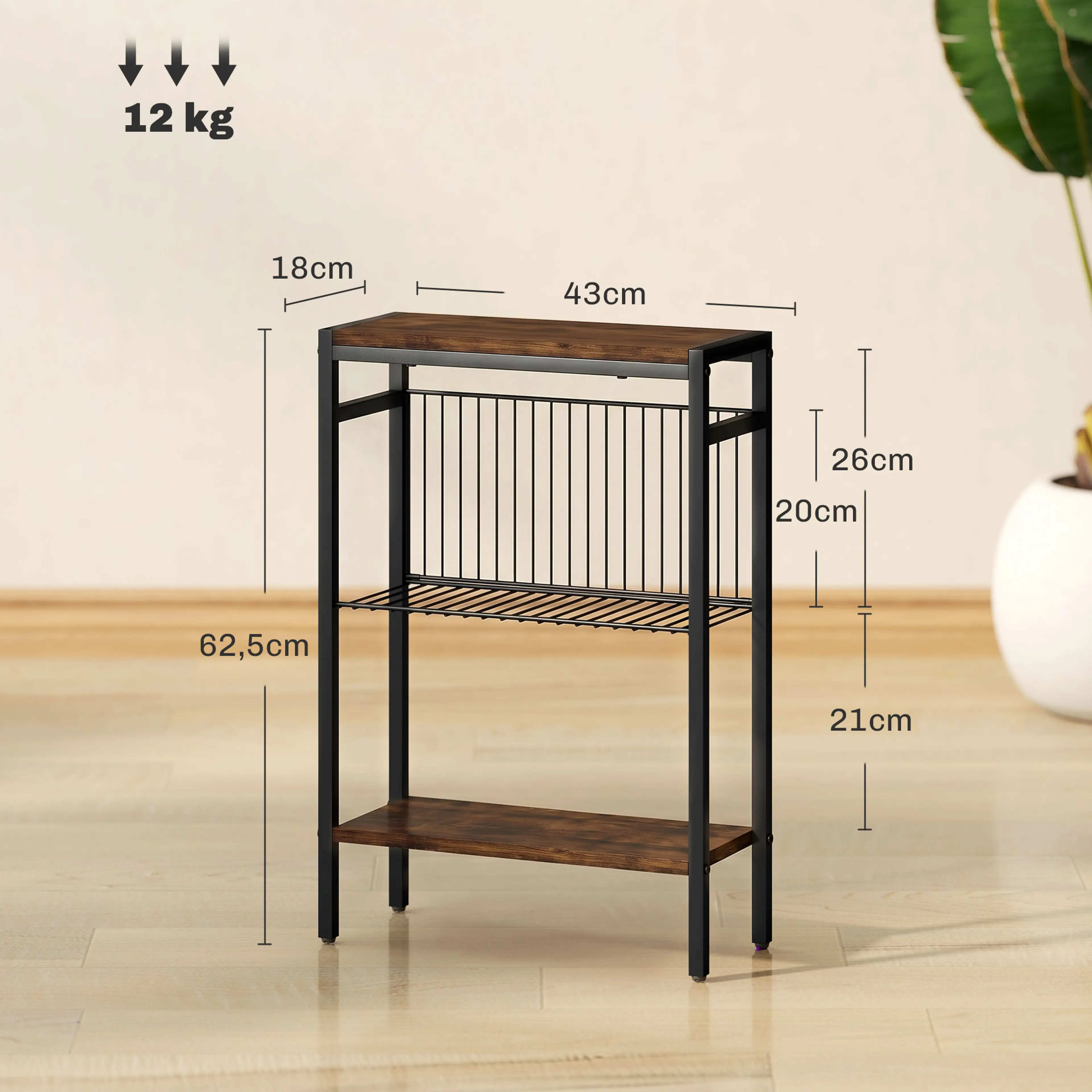 Måttbild som visar bordet 43 × 18 × 62,5 cm och belastningen 12 kg