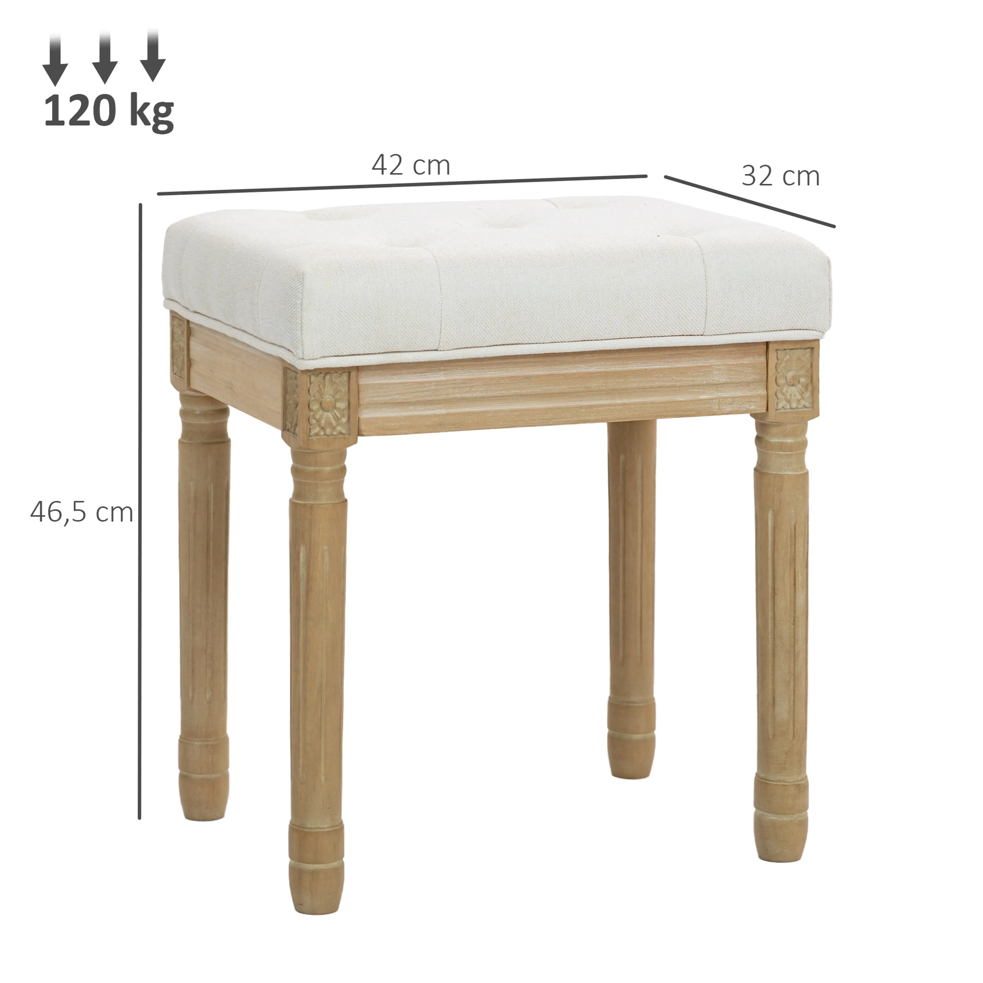 Måttbild: pallen är 42 × 32 cm och 46,5 cm hög och bär 120 kg