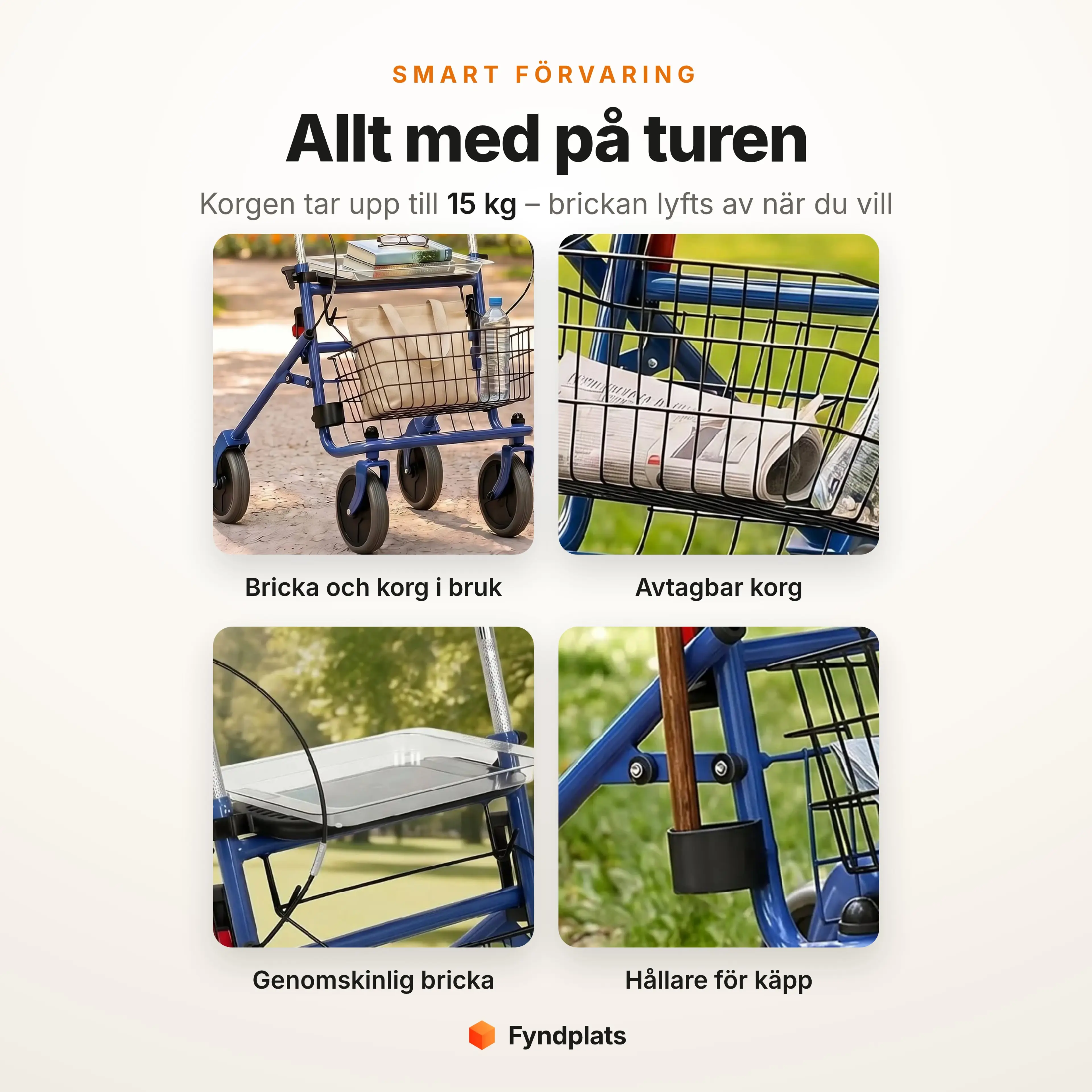 Närbilder på rollatorns avtagbara korg, genomskinliga bricka och hållare för käpp