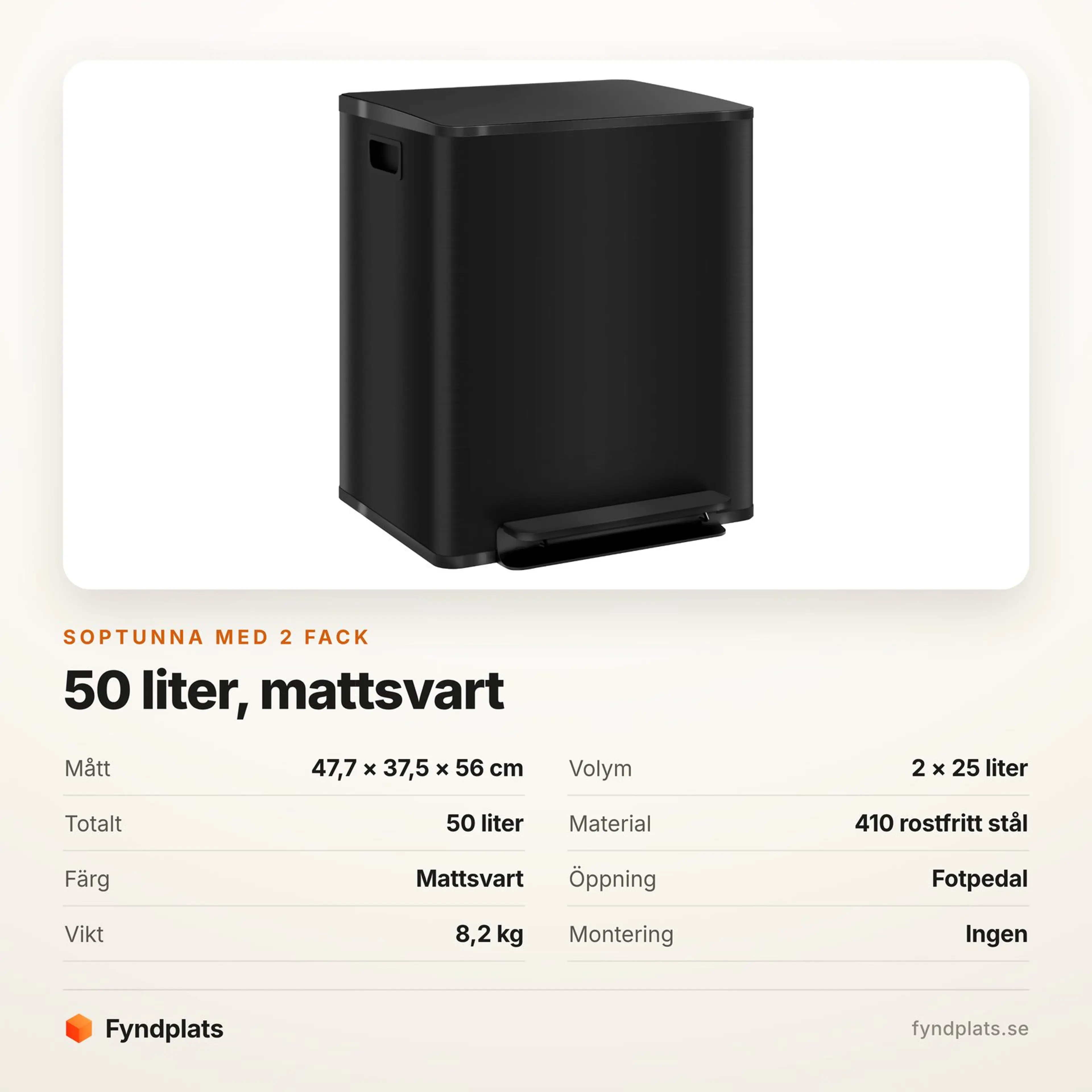 Spec-kort med mått, fackvolym och vikt för tvåfackstunnan på 50 liter