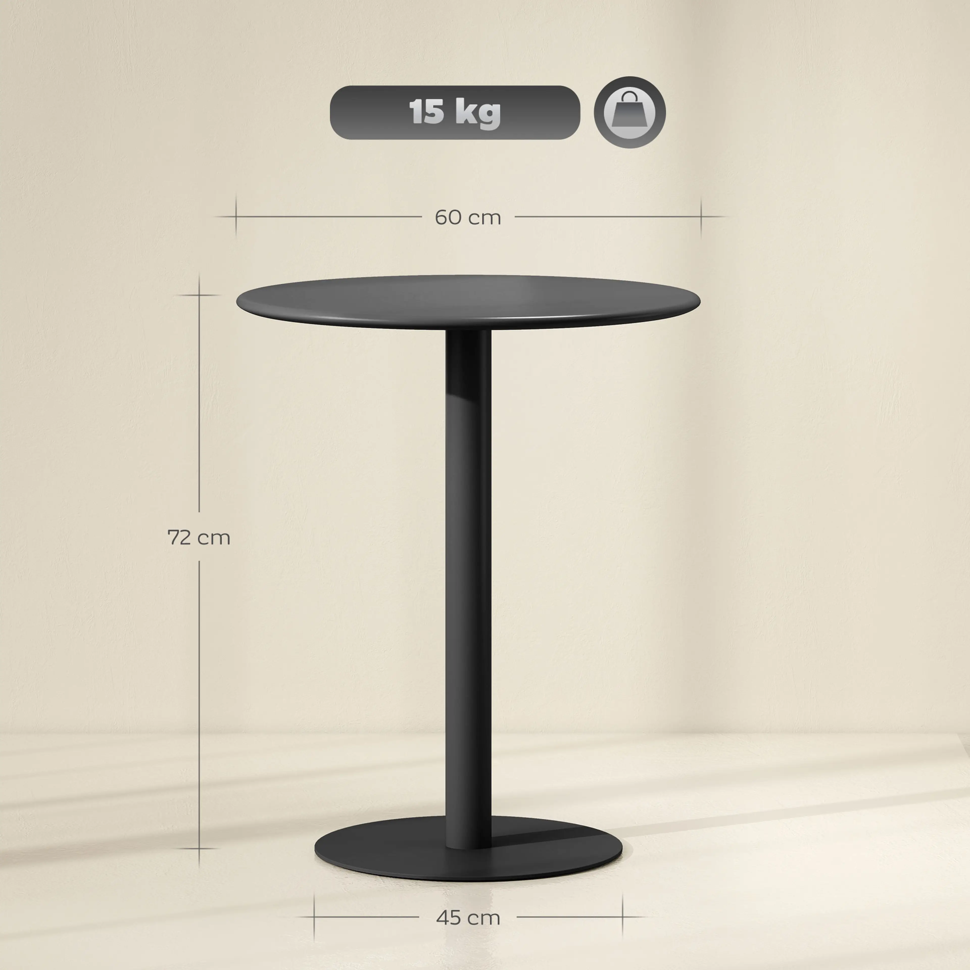 Måttbild: bordet är Ø60 cm och 72 cm högt, foten är Ø45 cm och skivan bär 15 kg