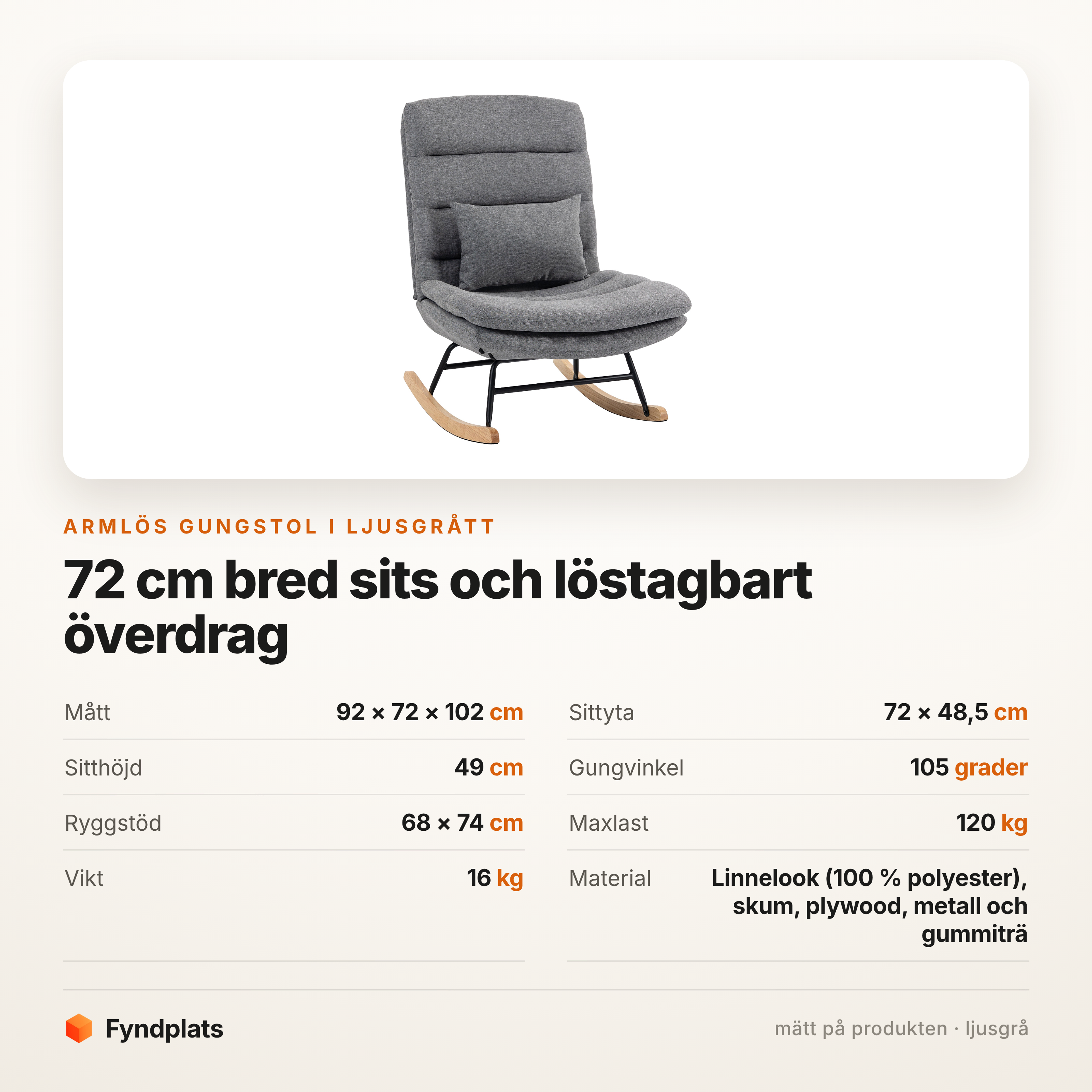 Faktakort: mått, sittyta, ryggstöd och maxlast för den armlösa gungstolen