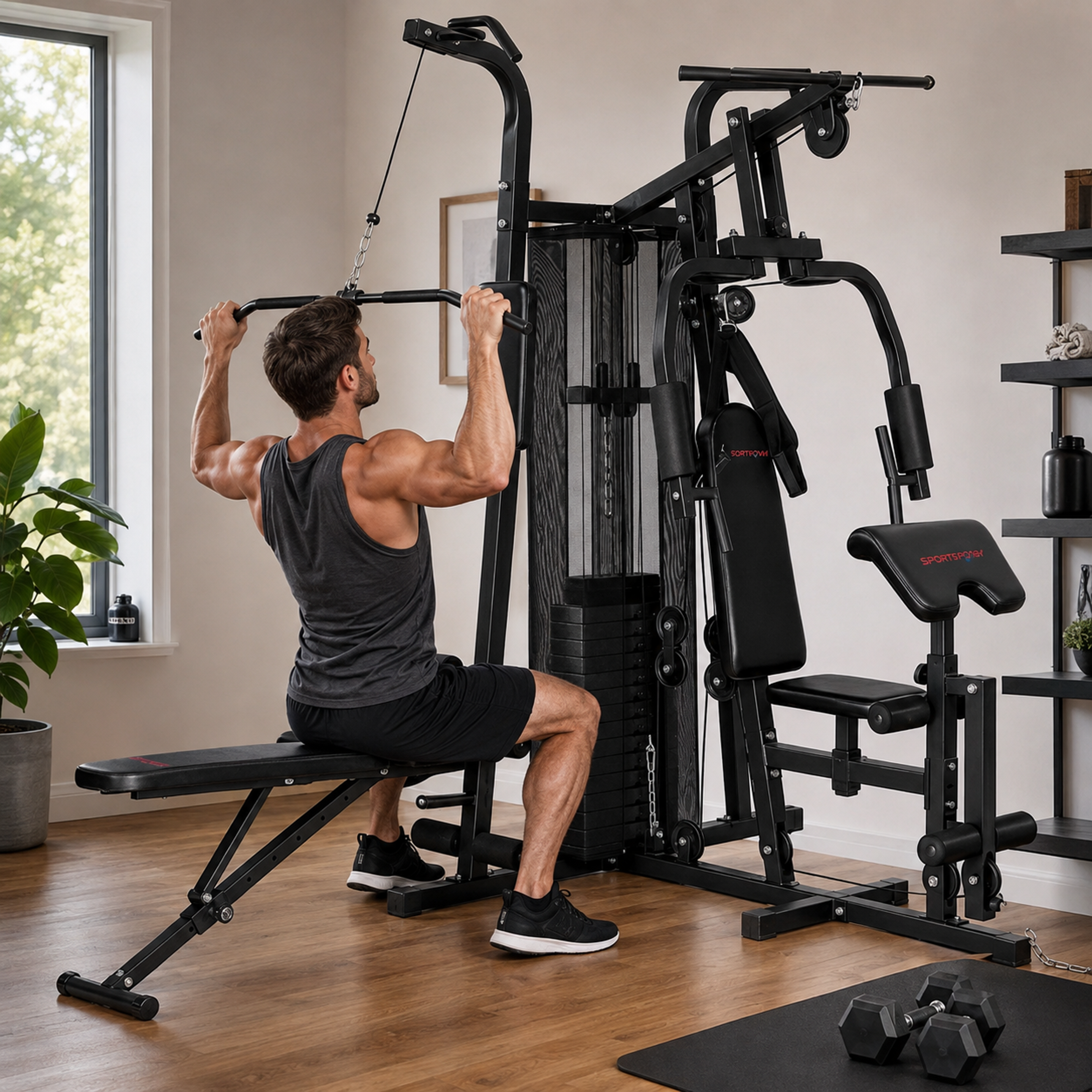 Multigymmet i ett vardagsrum med den justerbara bänken utfälld
