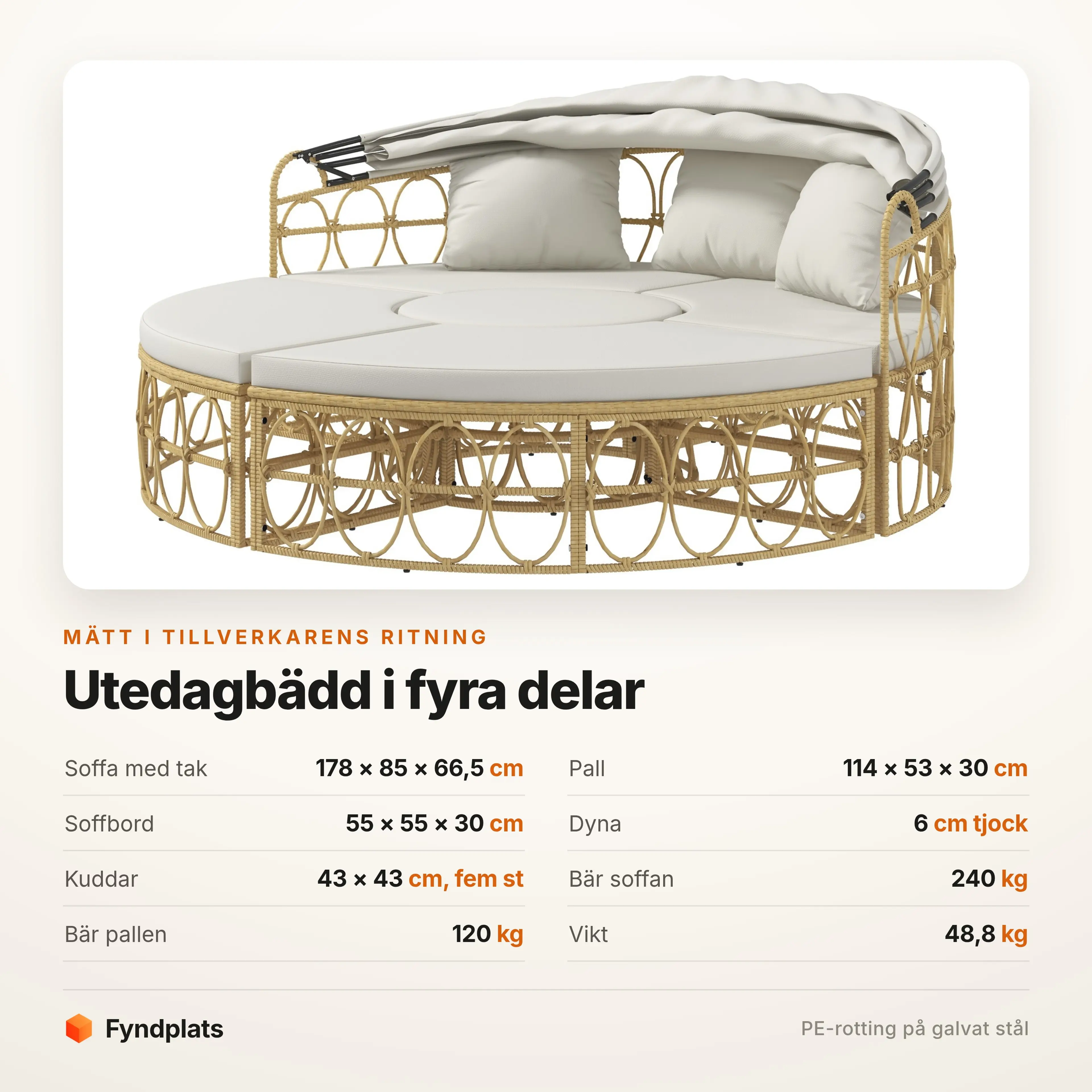 Specifikationer: soffa 178 × 85 cm, pall 114 × 53, bord 55 × 55, bär 240 kg