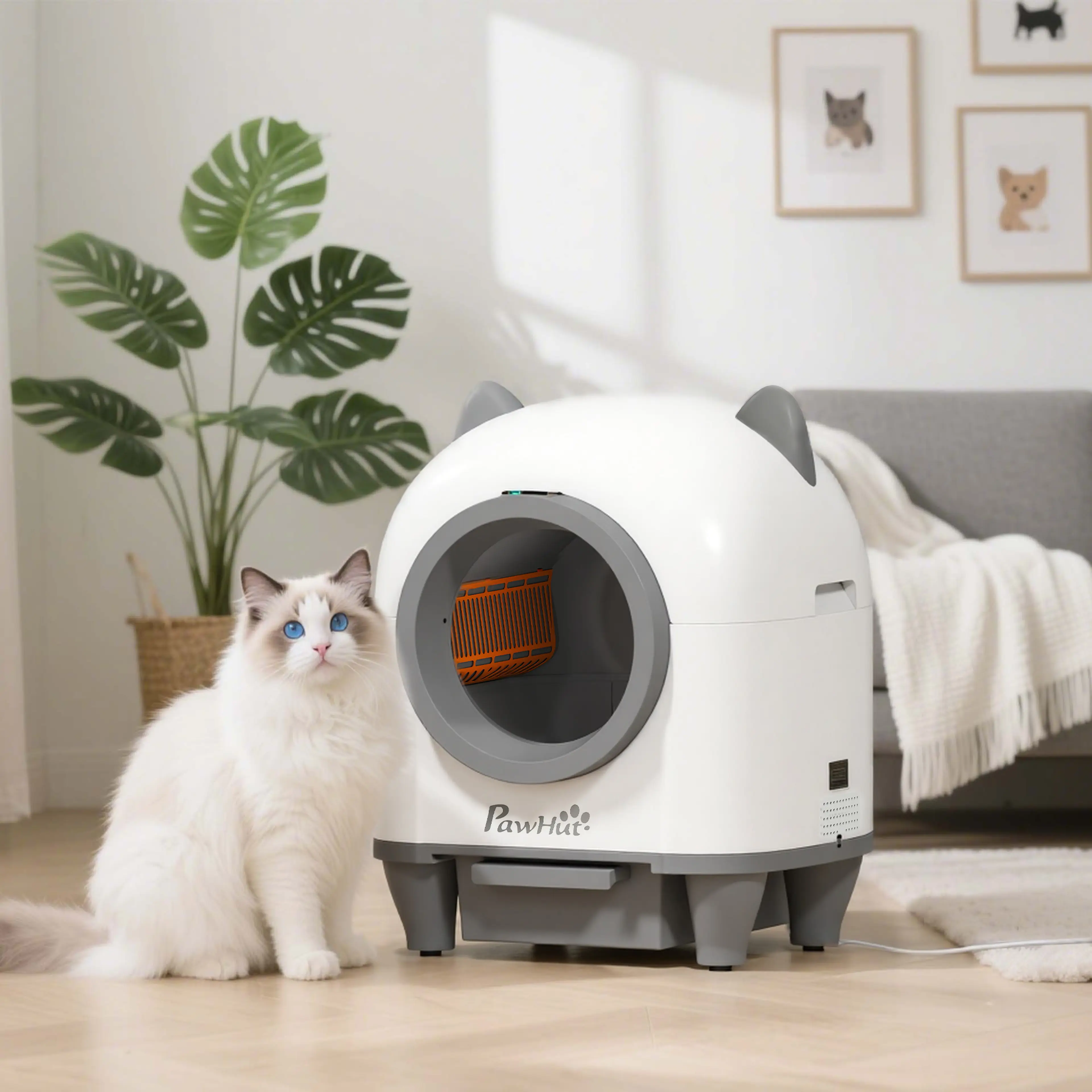 En vit katt sitter bredvid den självrengörande kattlådan i ett vardagsrum
