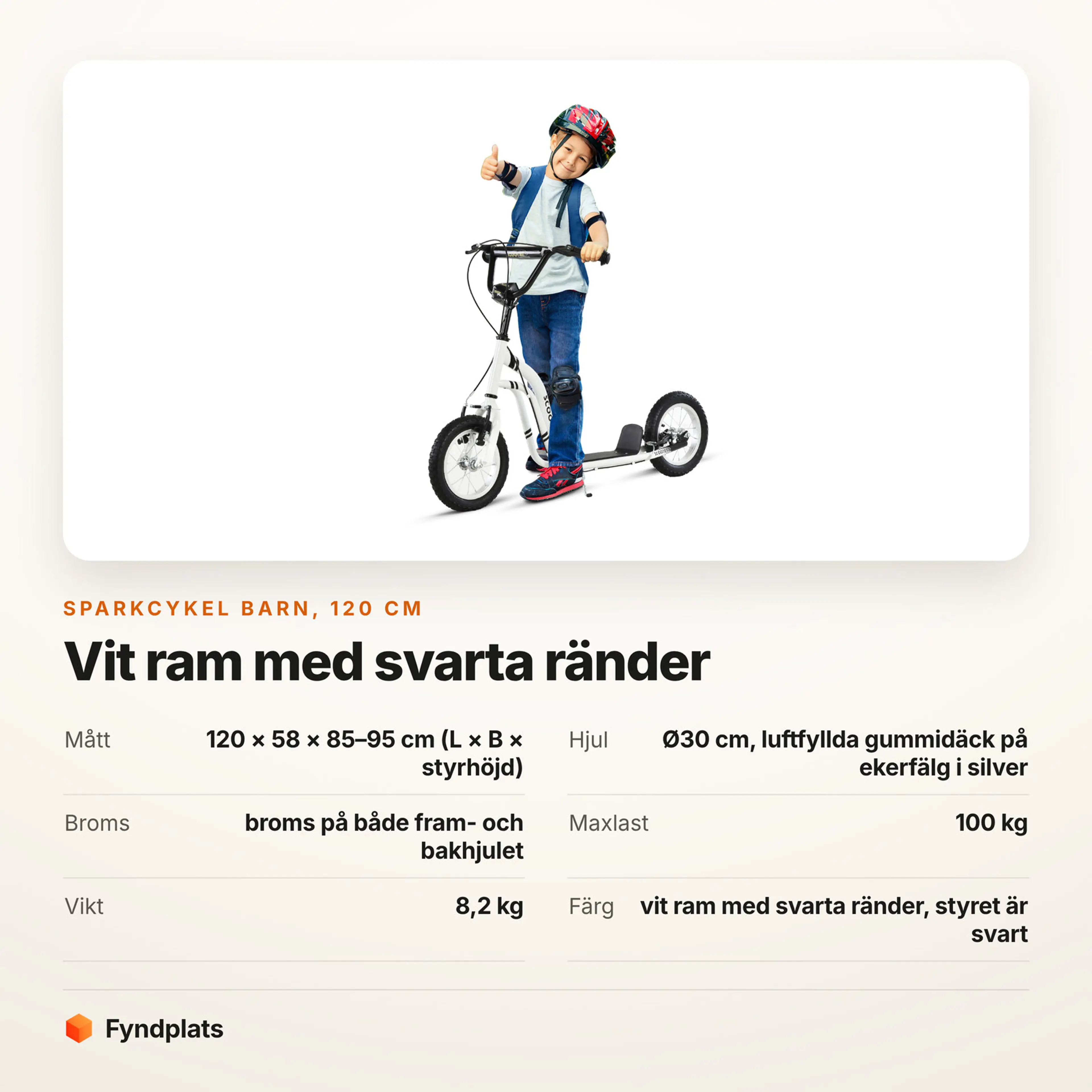 Faktakort: sparkcykel barn 120 cm, vit ram med svarta ränder