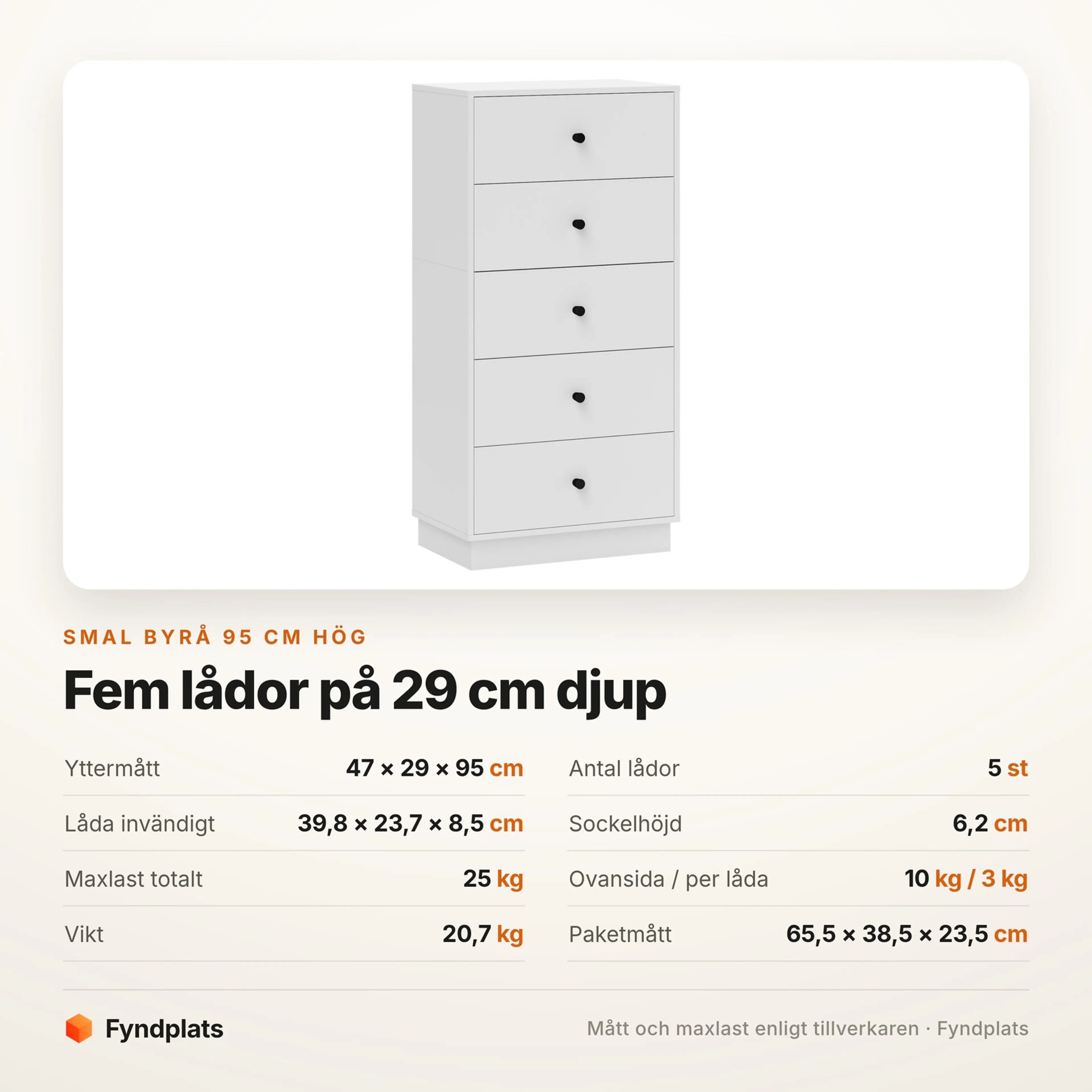 Spec-kort med mått och maxlast för den smala byrån på 95 cm