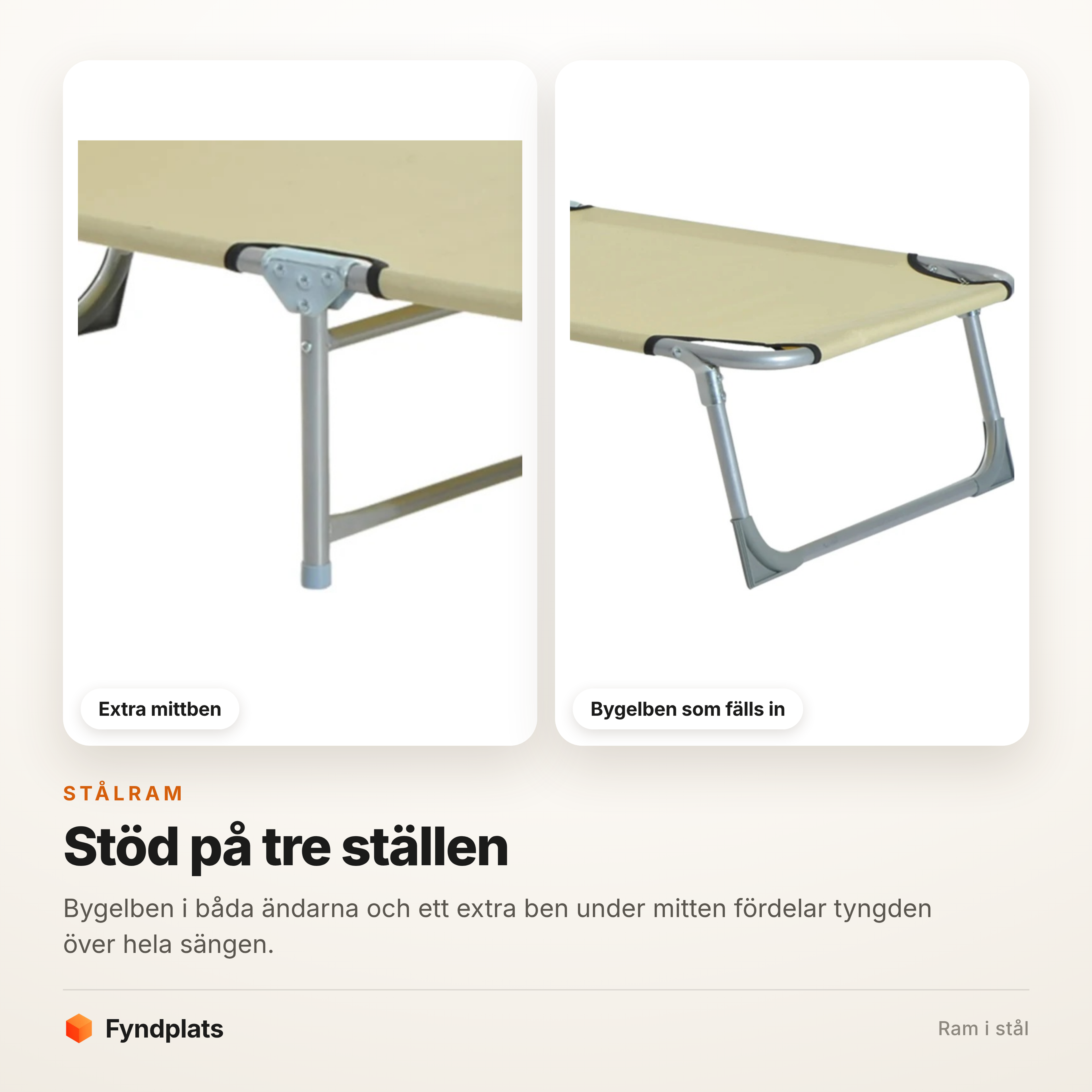 Solsängens stålram med extra mittben och bygelben som fälls in