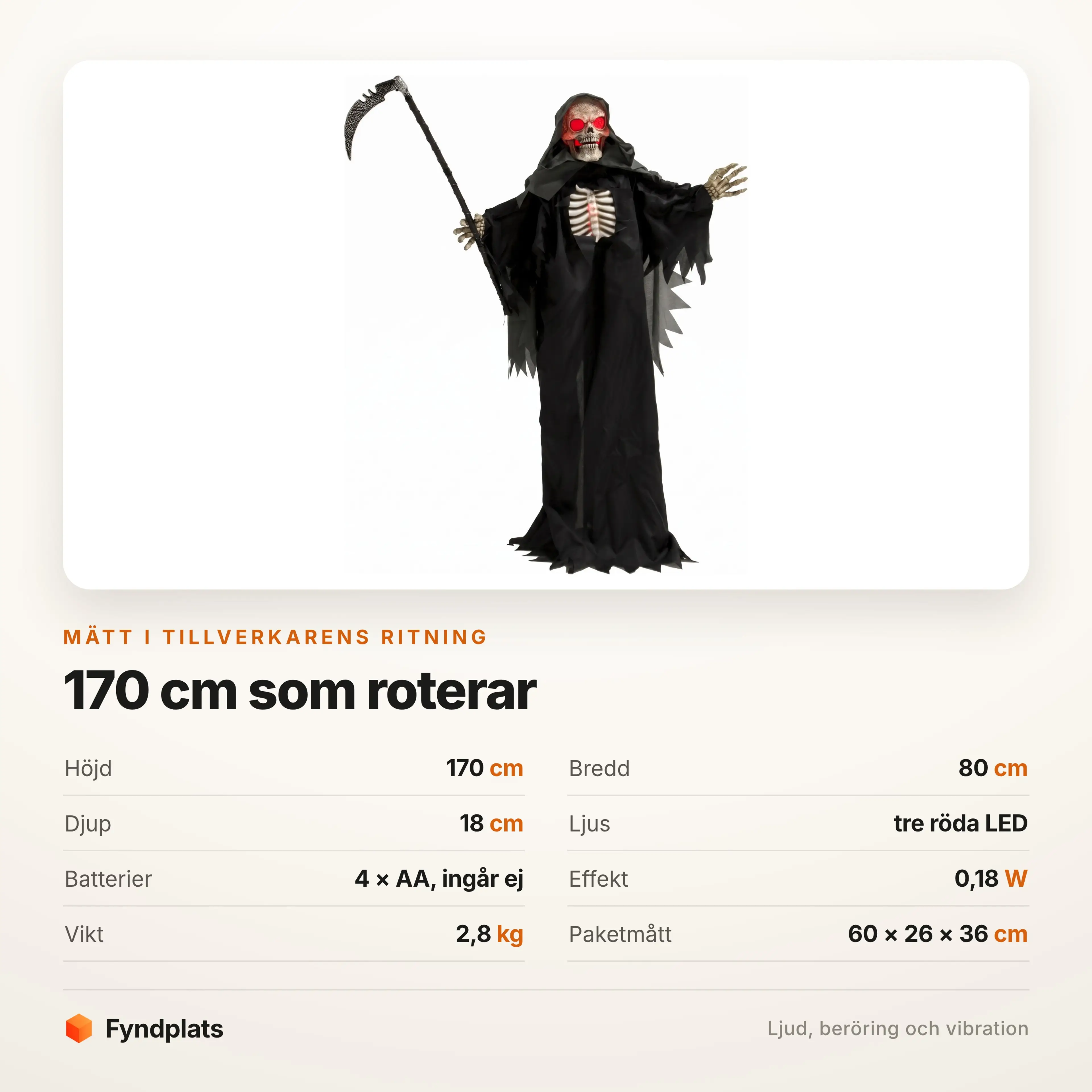 Specifikationer: 170 cm hög, tre röda LED, 4 × AA-batterier