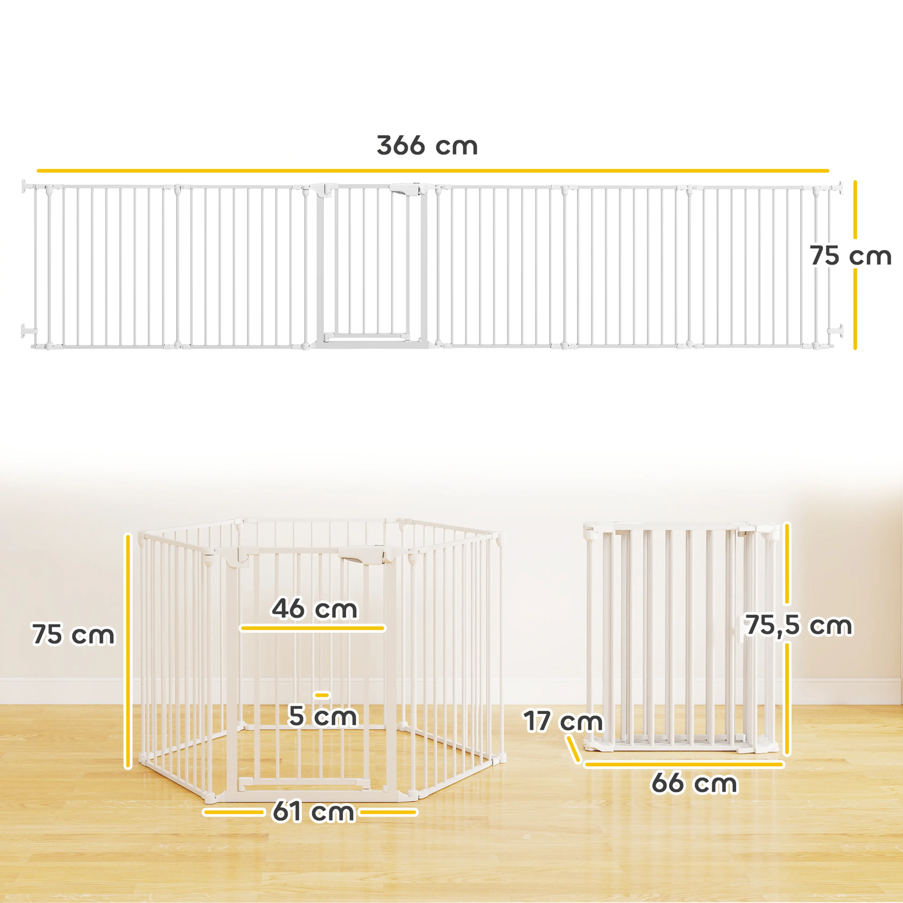 Måttskiss: hagen 366 cm utfälld och 75 cm hög, panel 61 cm och grind 46 cm