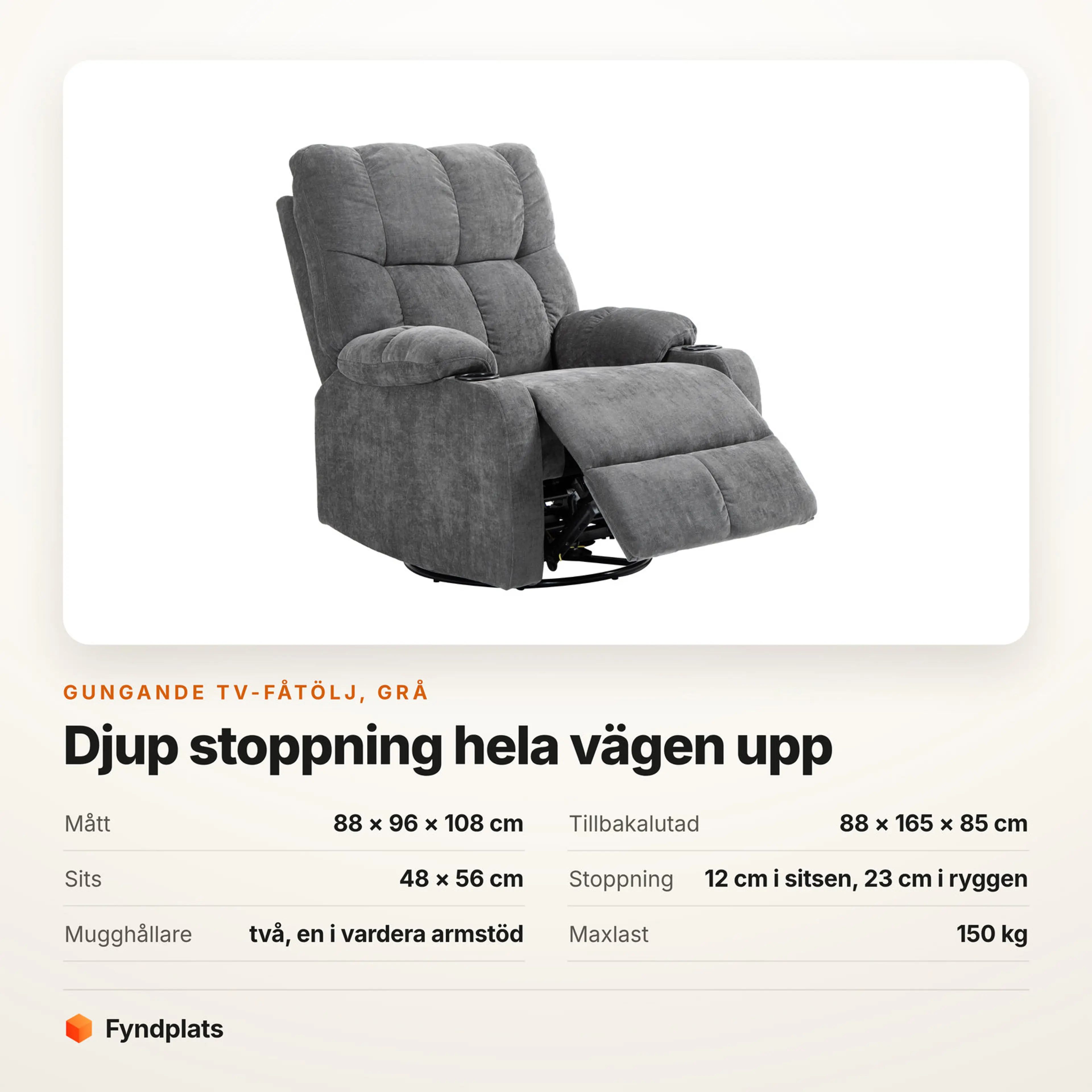 Faktakort: tv-fåtölj 88 × 96 × 108 cm upprätt och 88 × 165 × 85 cm tillbakalutad, 23 cm stoppning i ryggen, två mugghållare, bär 150 kg