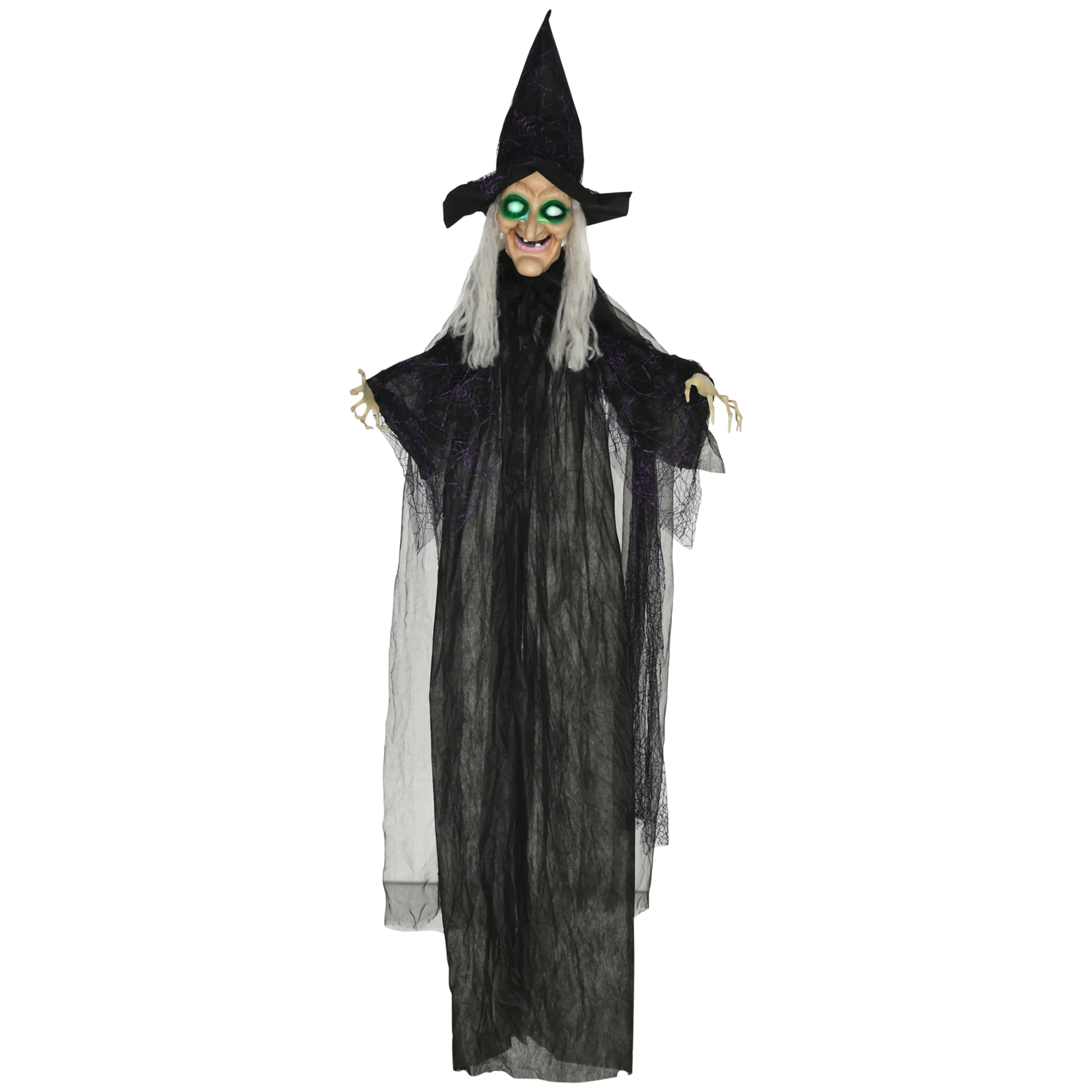 Halloweenhäxa i spetsig hatt med lysande gröna ögon och långt grått hår, på vit bakgrund