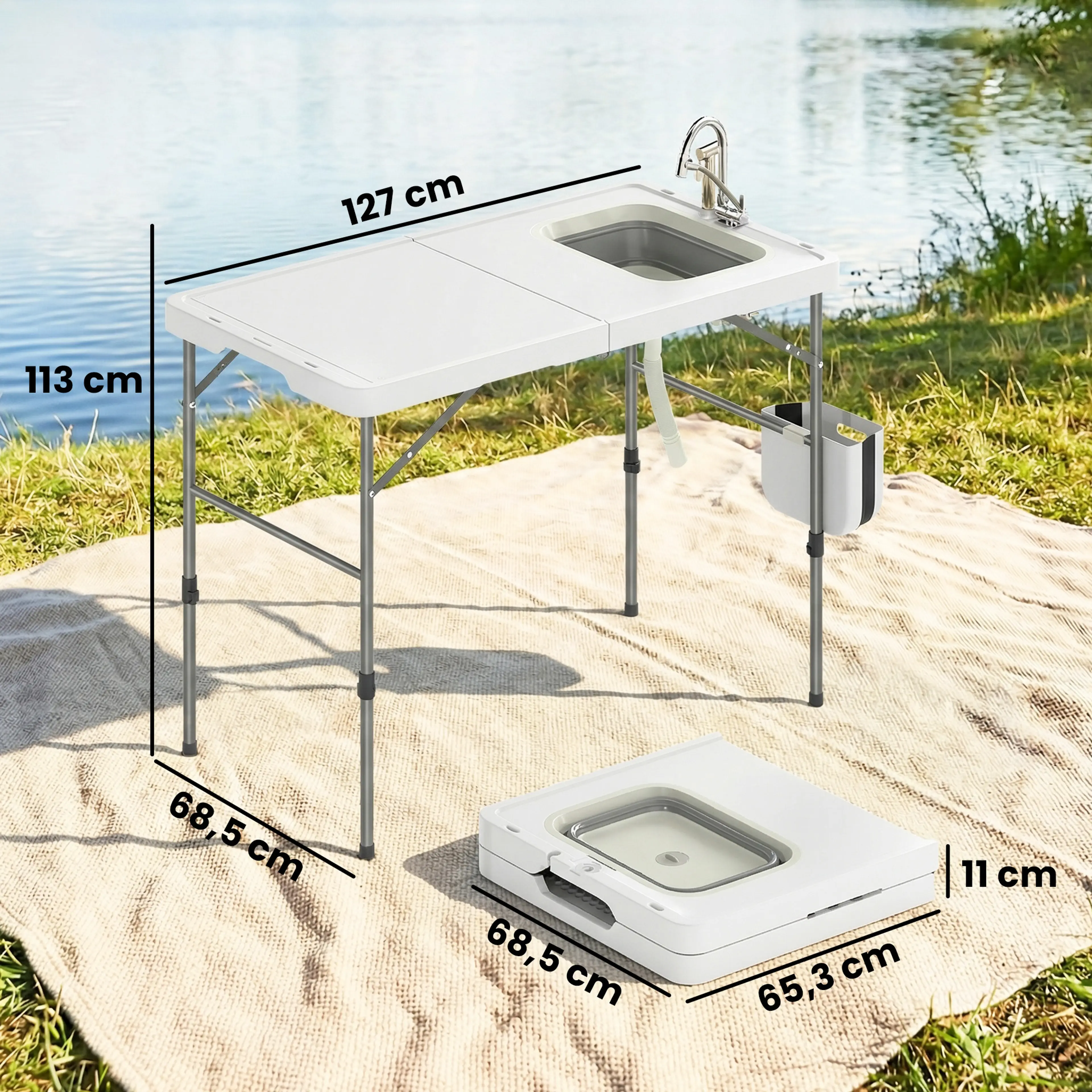 Måttskiss: 127 cm brett, 68,5 cm djupt och 113 cm högt, hopfällt 11 cm