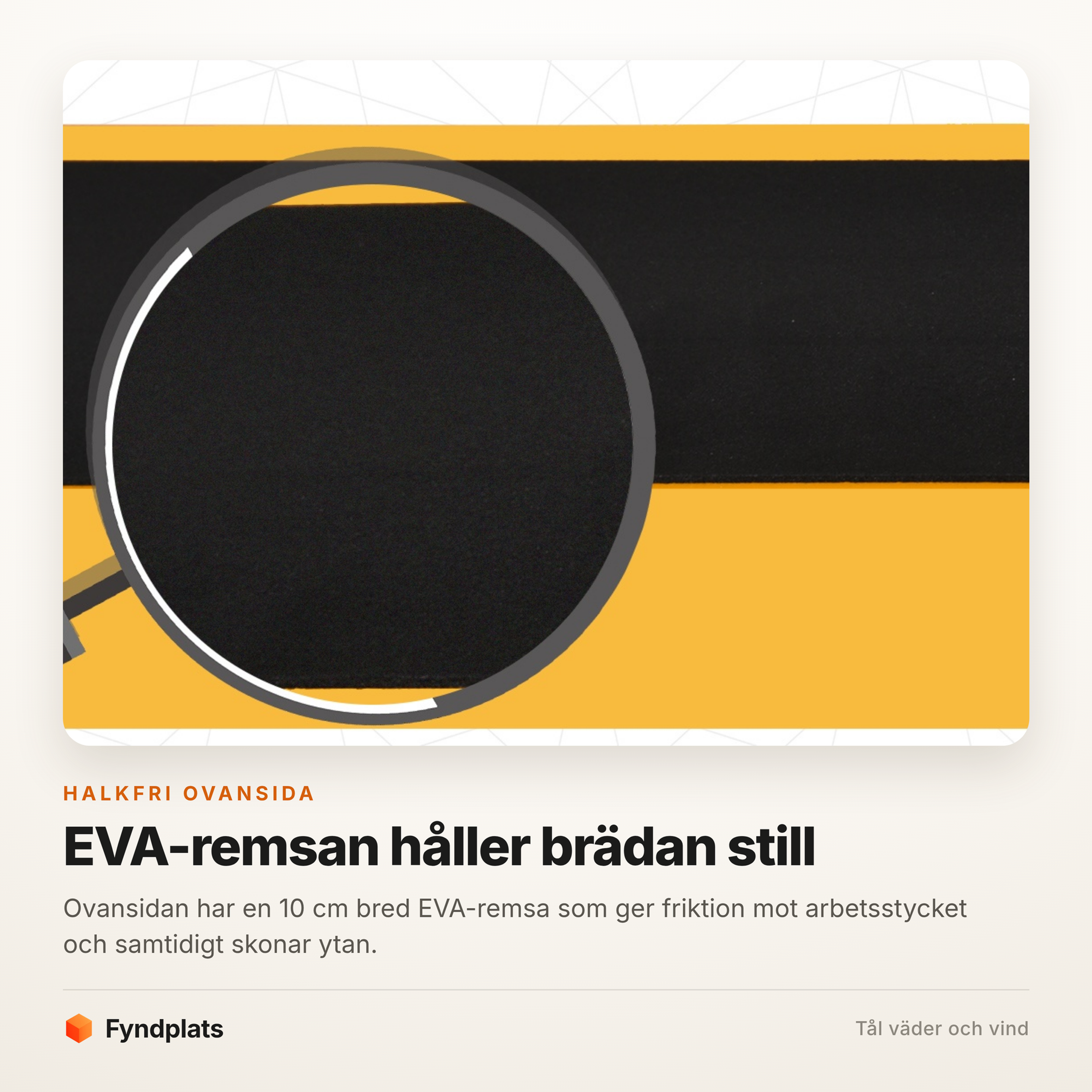 Fyndplats-kort med närbild på den halkfria EVA-remsan på bockens ovansida