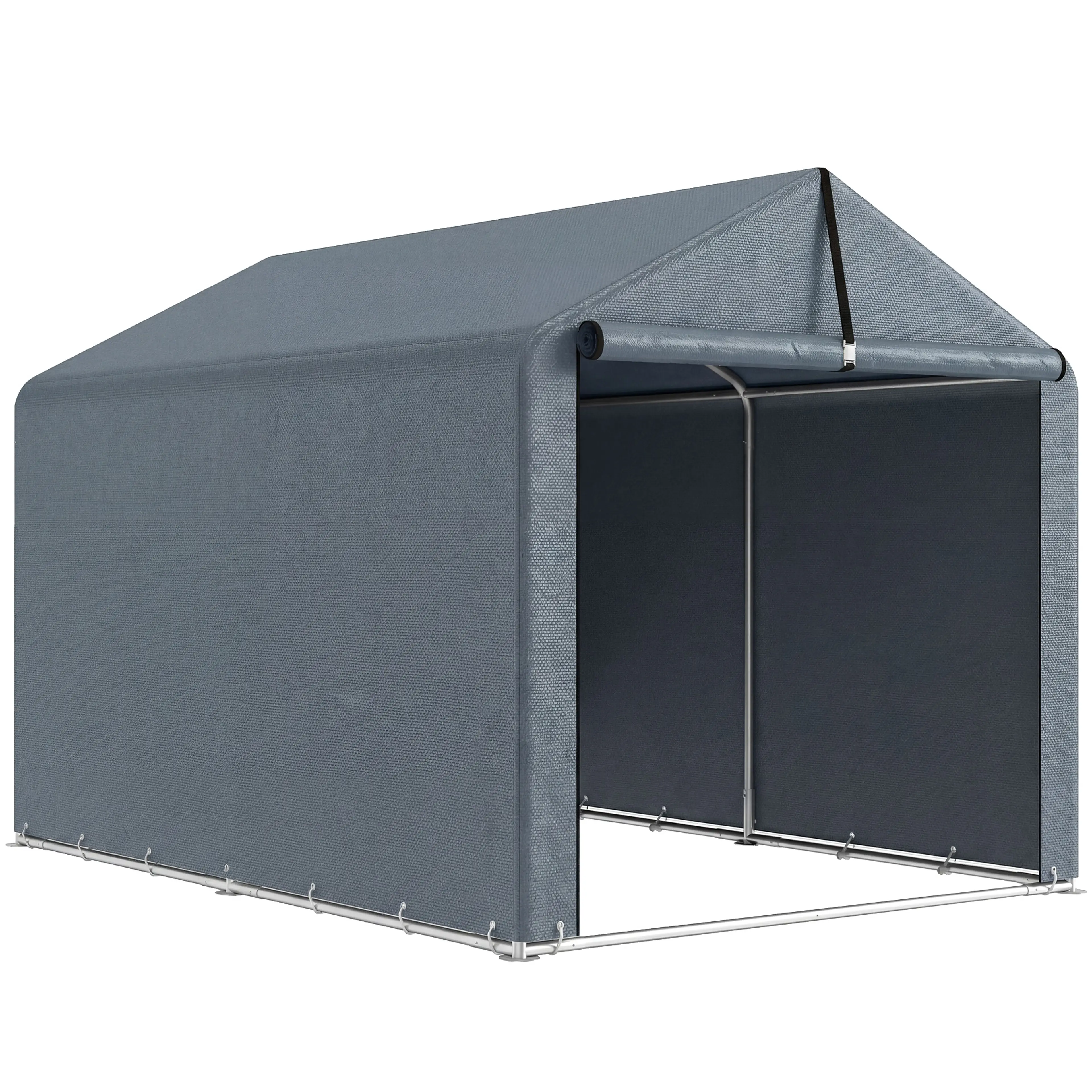 Mörkgrått garagetält 162 × 221,5 cm med dörren upprullad i toppen