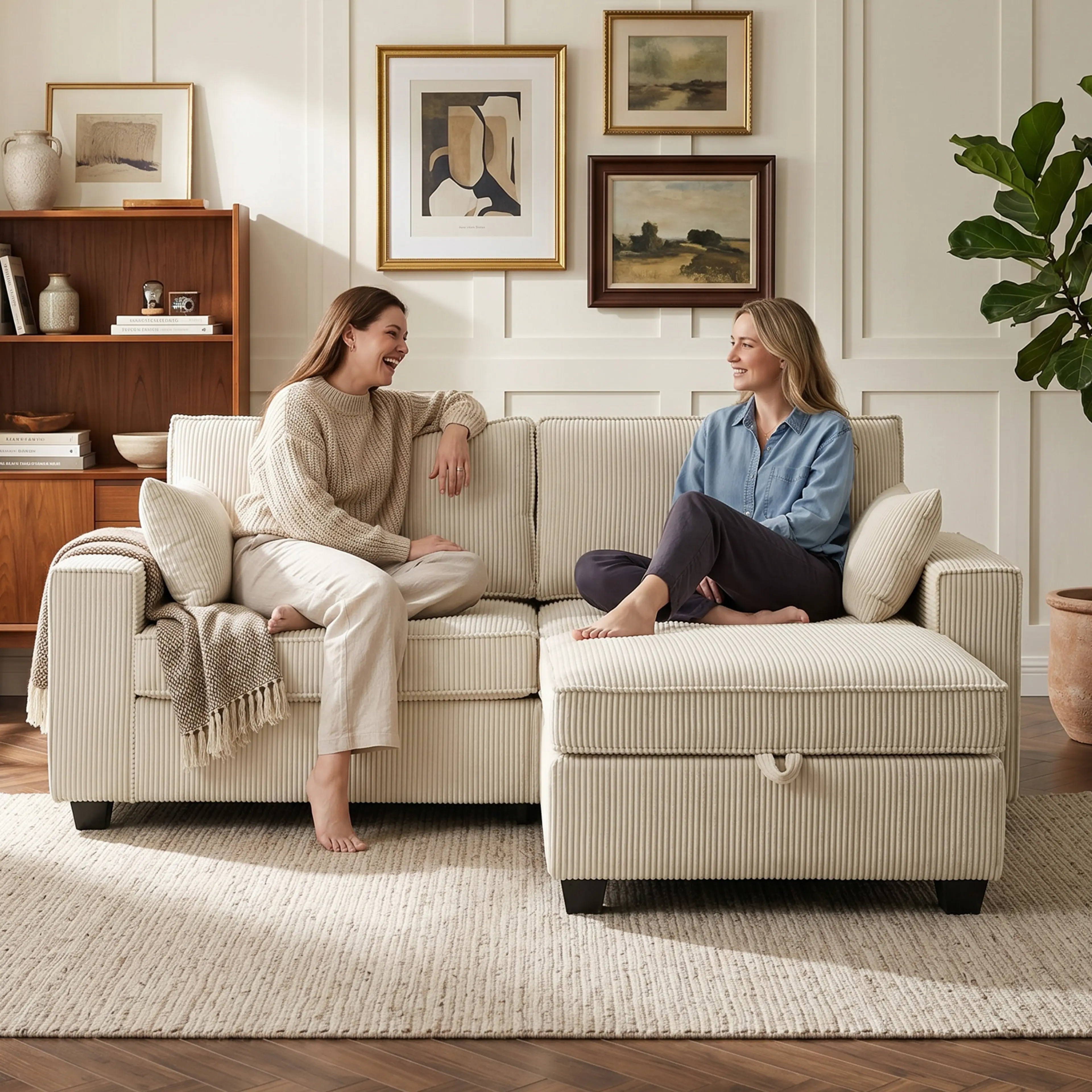 Hörnsoffa beige 216 cm med förvaring i ottomanen – manchester, bär 400 kg – bild 7