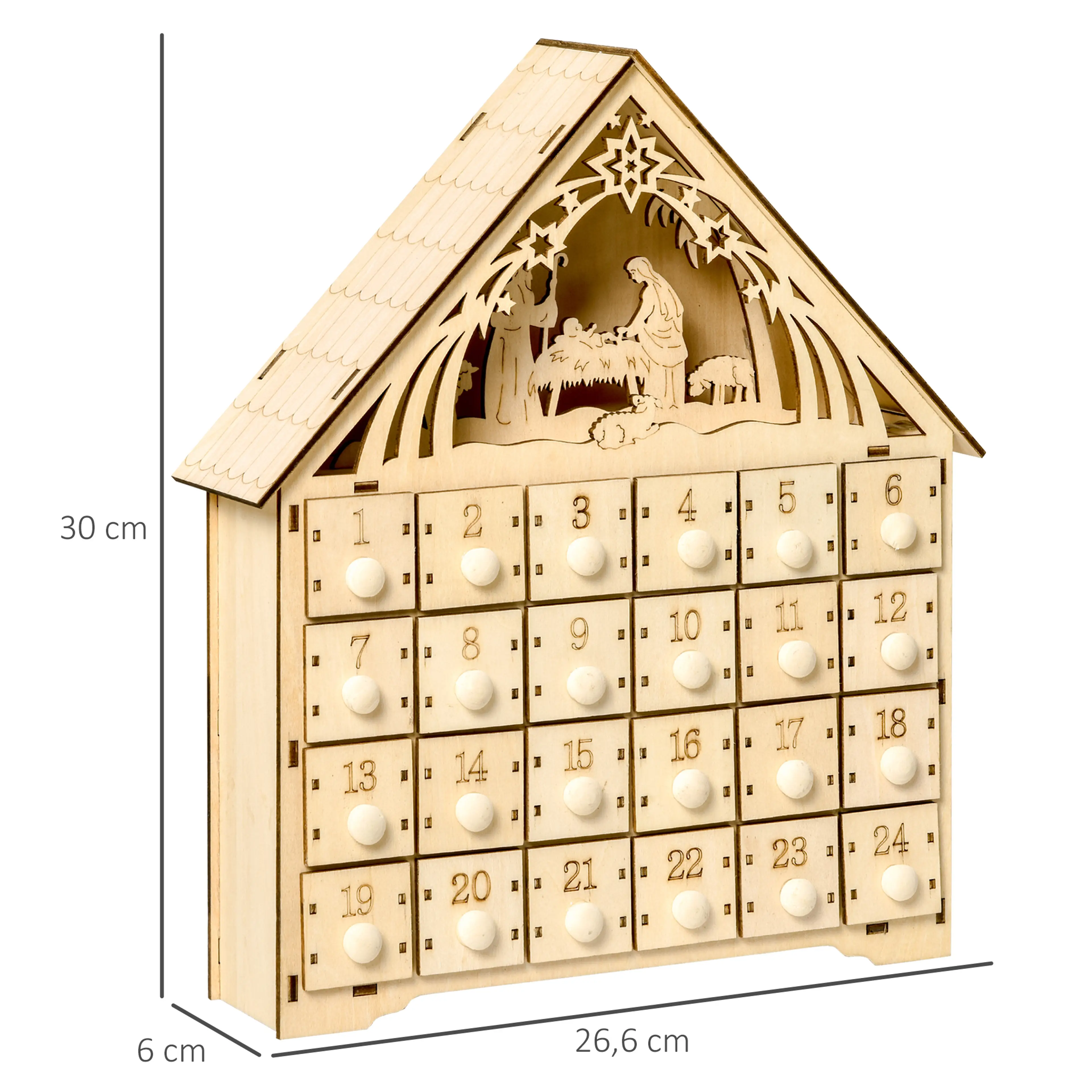 Måttbild: kalendern är 26,6 × 6 cm och 30 cm hög