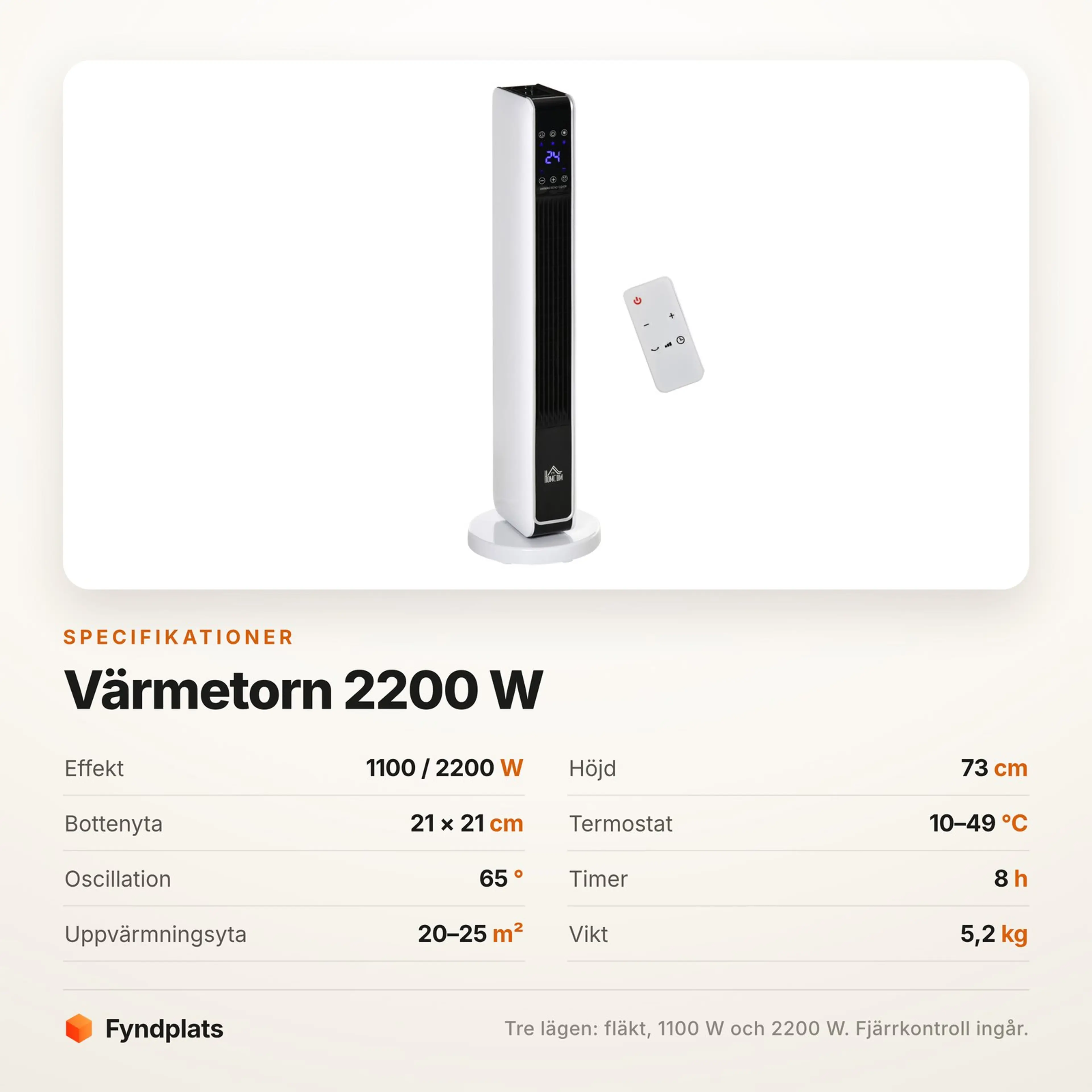 Specifikationer för värmefläkten: effekt, mått, termostat och timer
