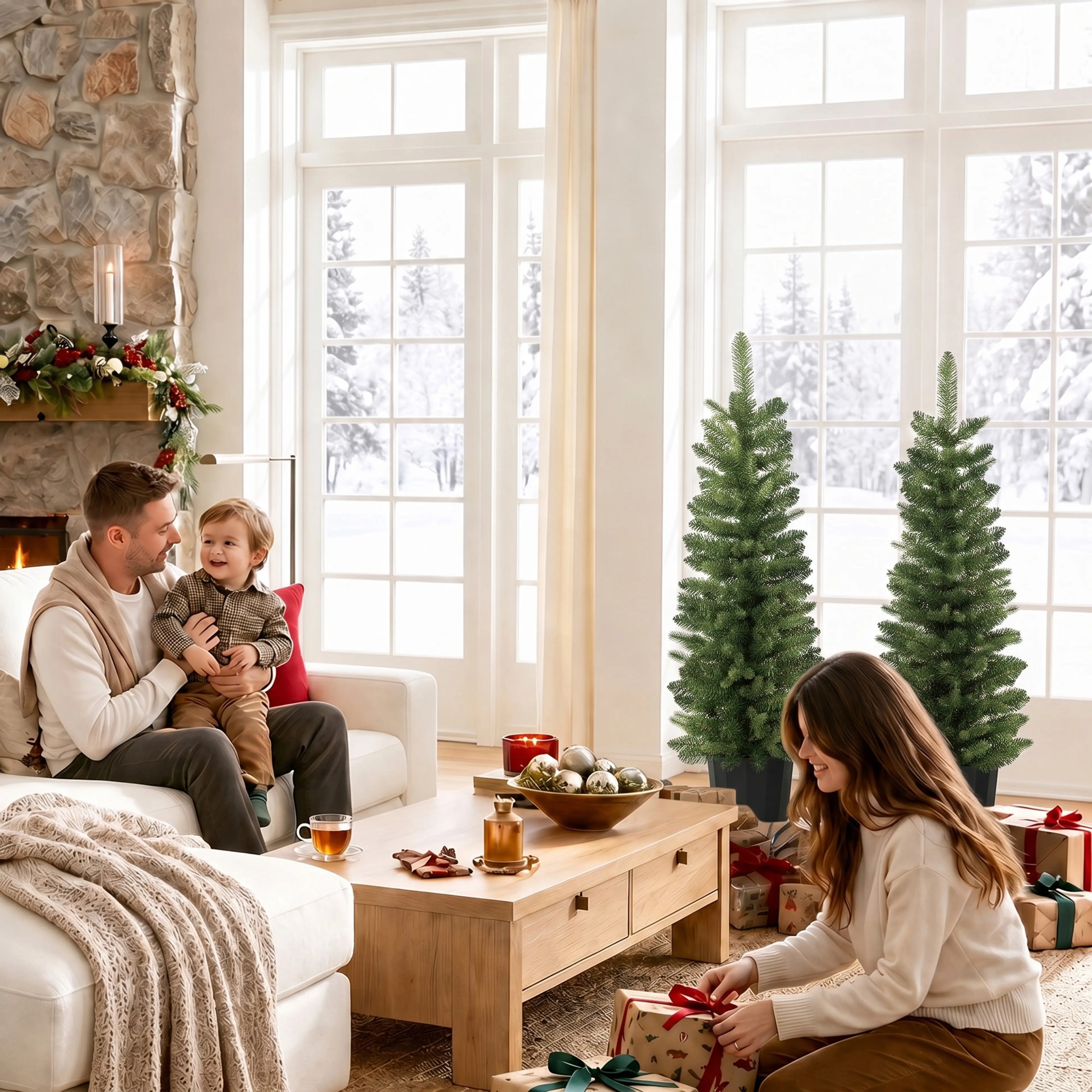 En familj i ett vardagsrum med granarna vid fönstret