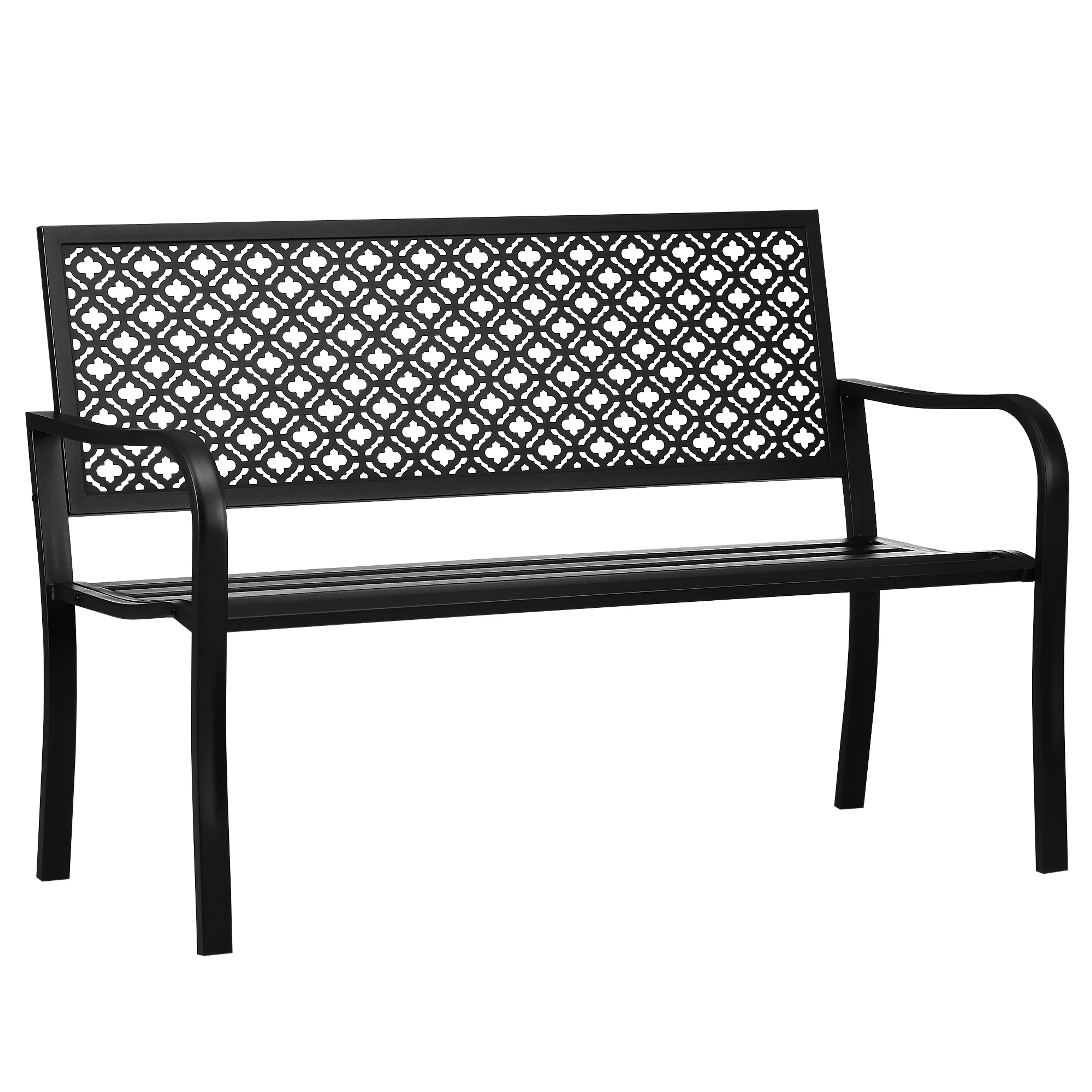 Trädgårdsbänk med blommönster i svart stål, 127 cm, mot vit bakgrund