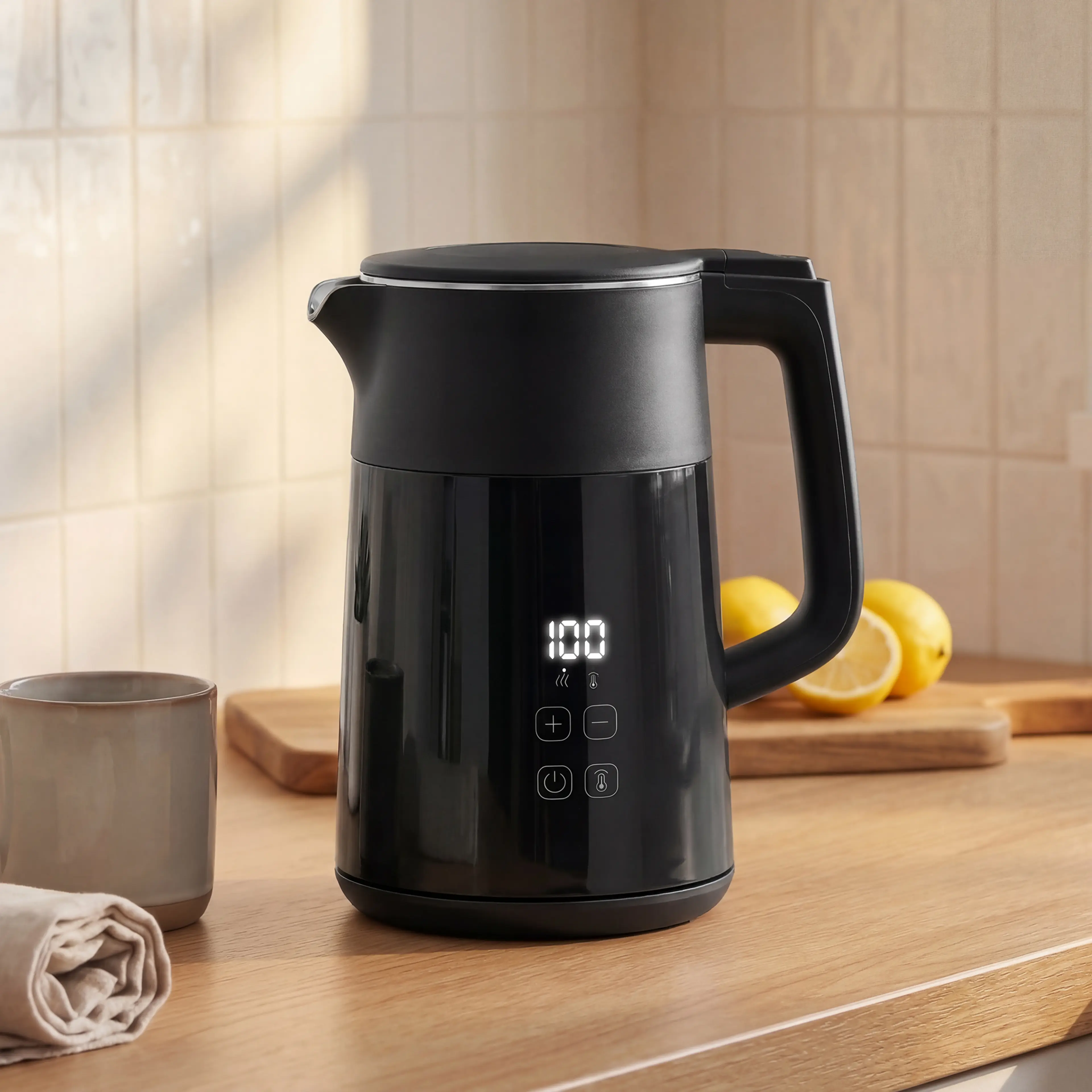 Vattenkokaren på en köksbänk bredvid en mugg och citroner