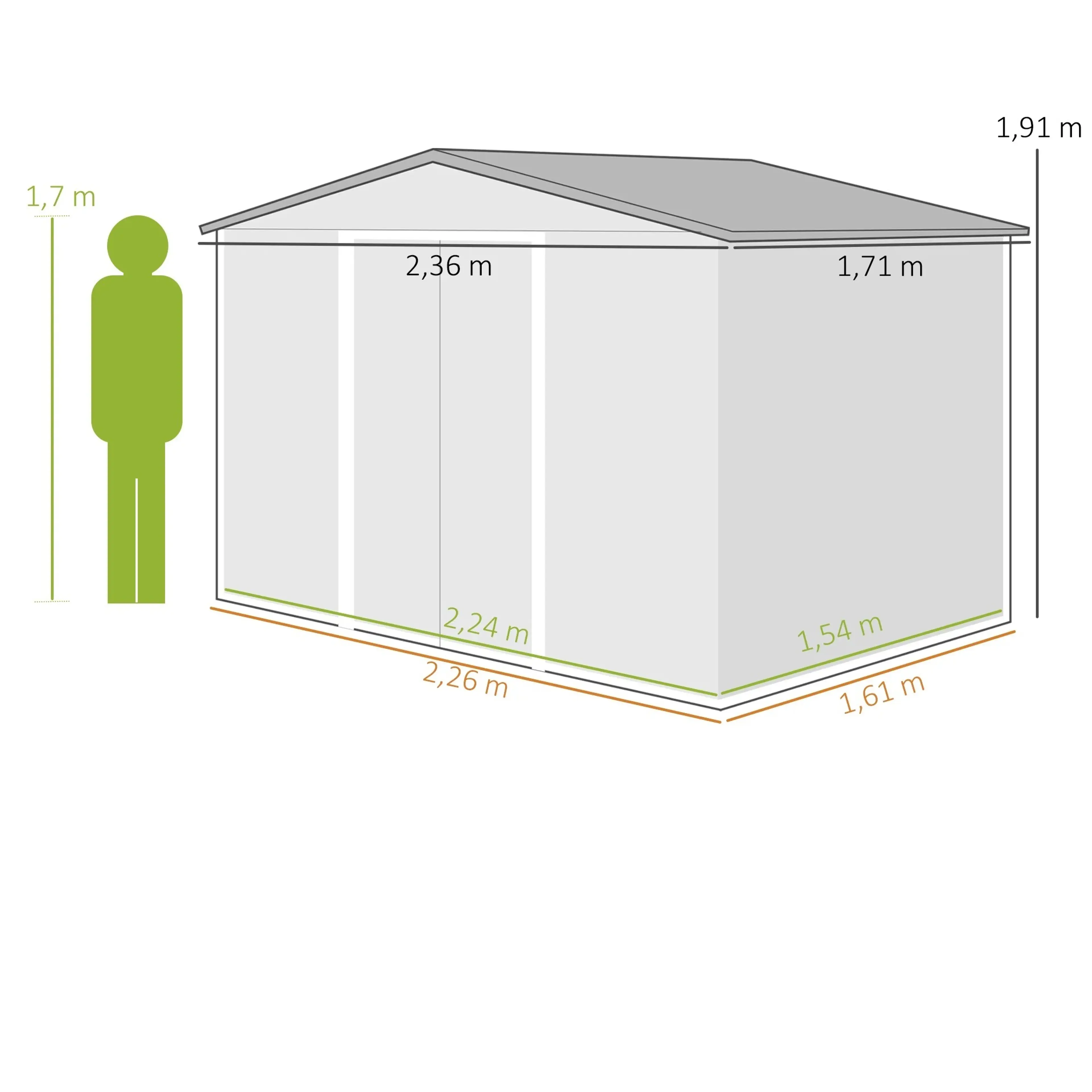 Måttskiss: totalt 2,36 × 1,71 × 1,91 m, bas 2,26 × 1,61 m och invändigt golv 2,24 × 1,54 m