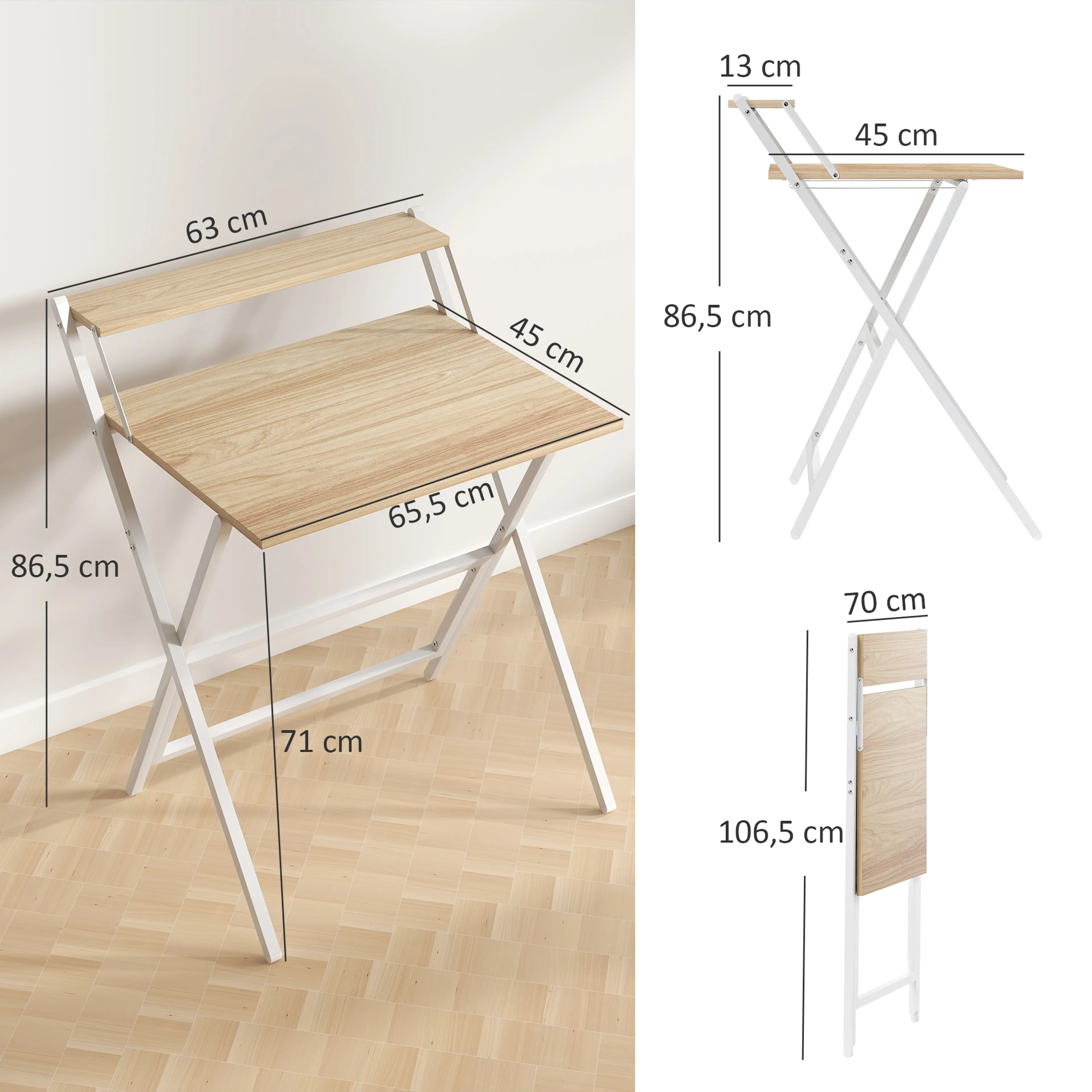 Måttskiss: skivan 65,5 × 45 cm, höjd 86,5 cm, hopfällt 3,5 × 106,5 cm