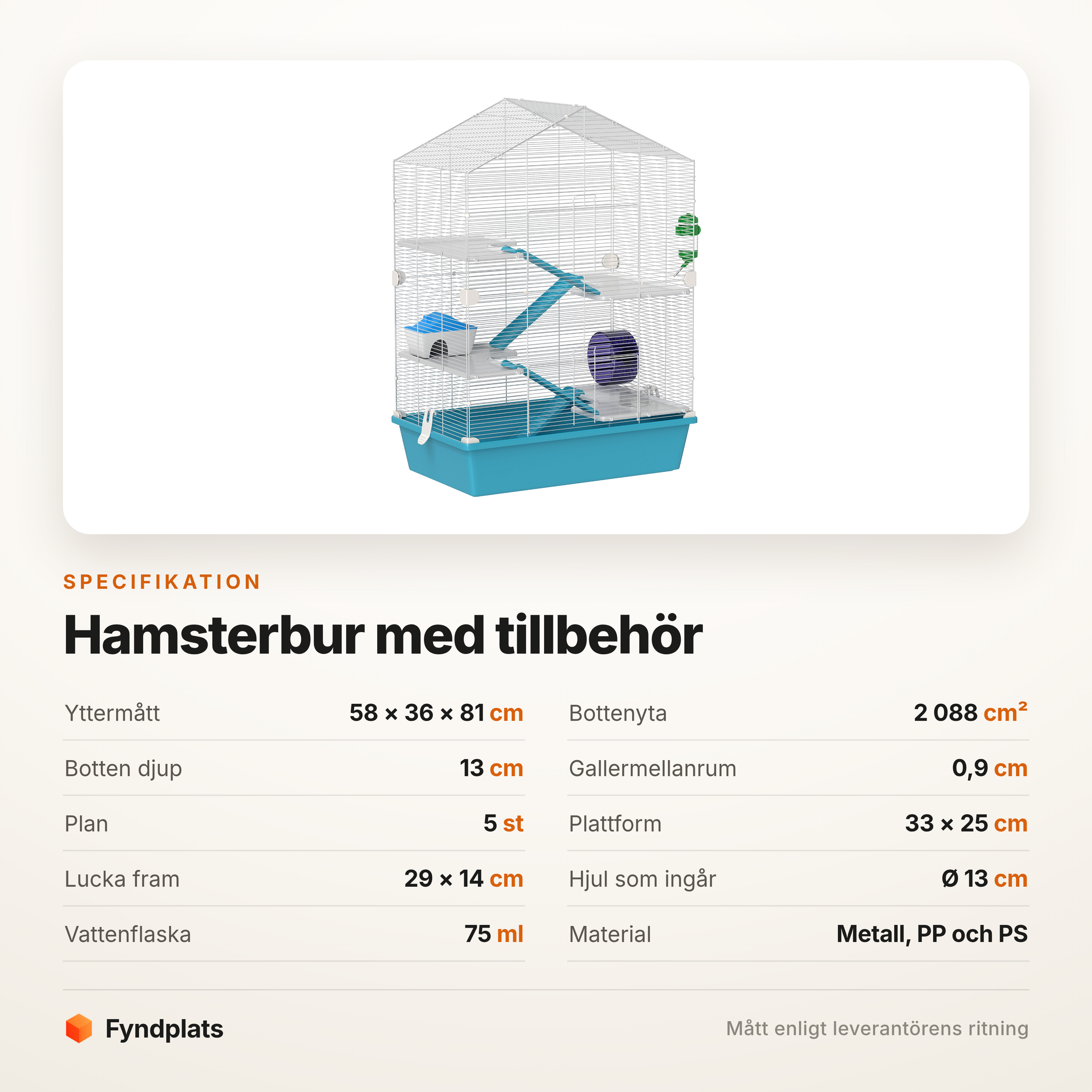 Specifikation: bottenyta 2 088 cm², fem plan och lucka på 29 × 14 cm