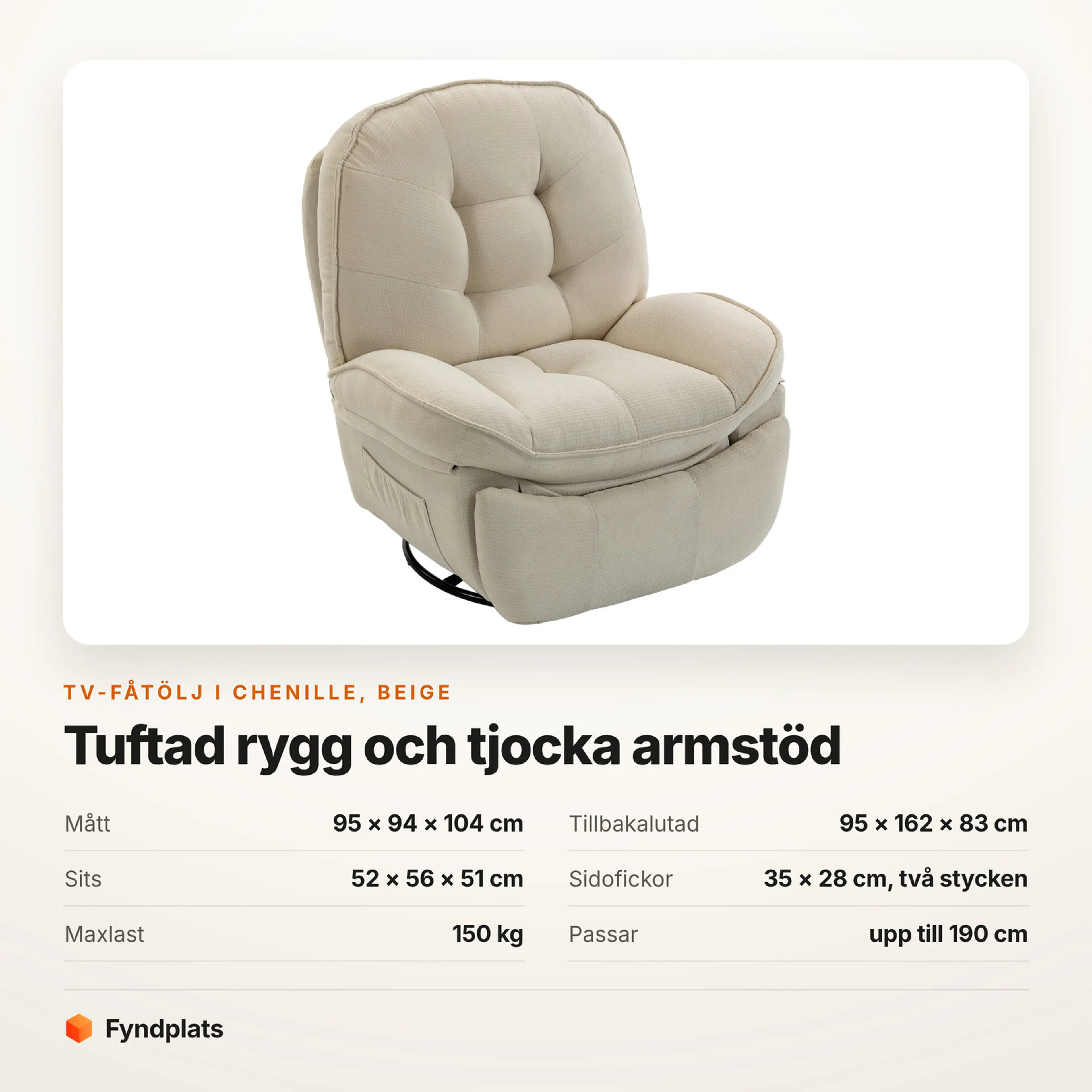 Beige tv-fåtölj i chenille med inbyggt fotstöd, mått och maxlast