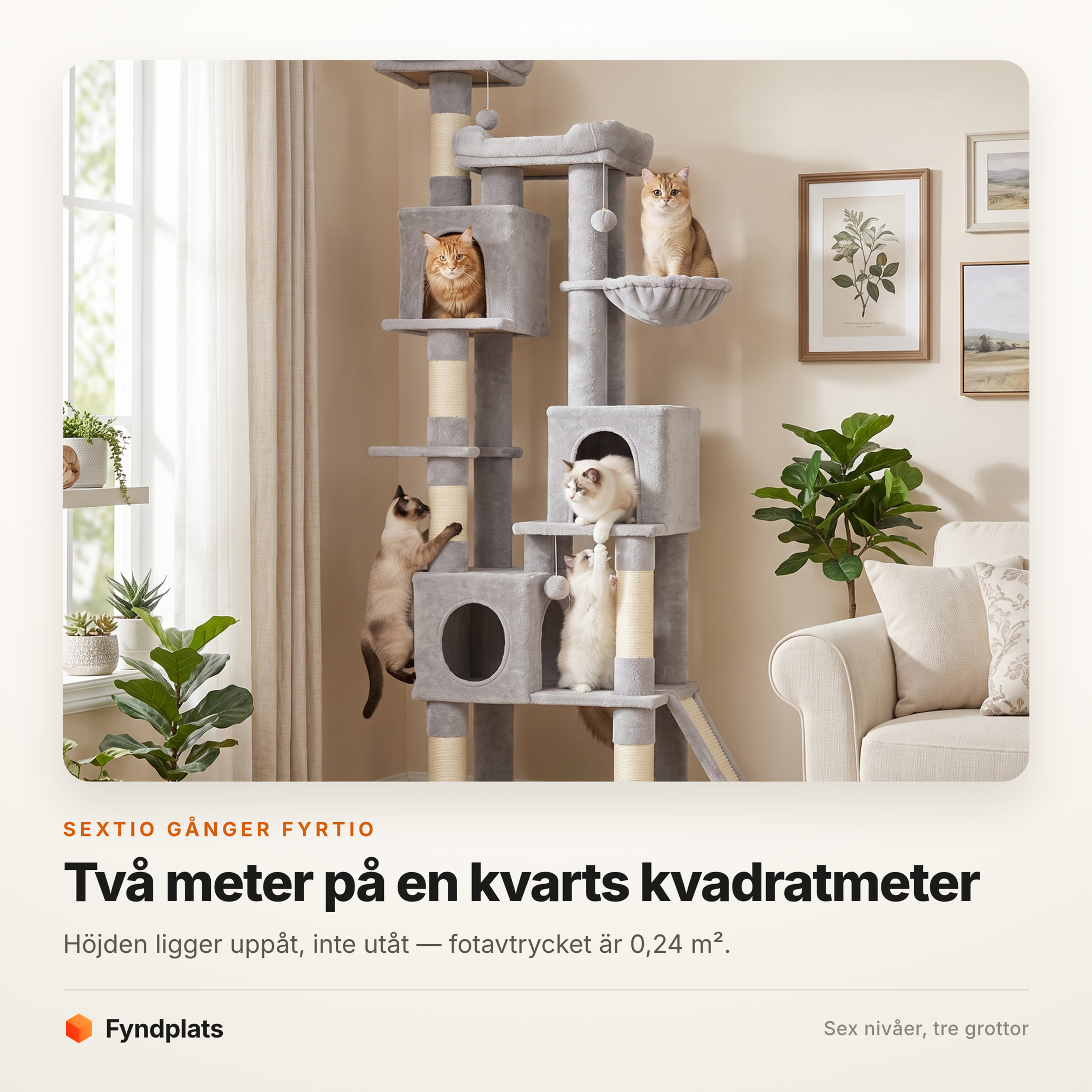 Klösträd 200 cm med sex nivåer – tre grottor, två bäddar och hängmatta – bild 2