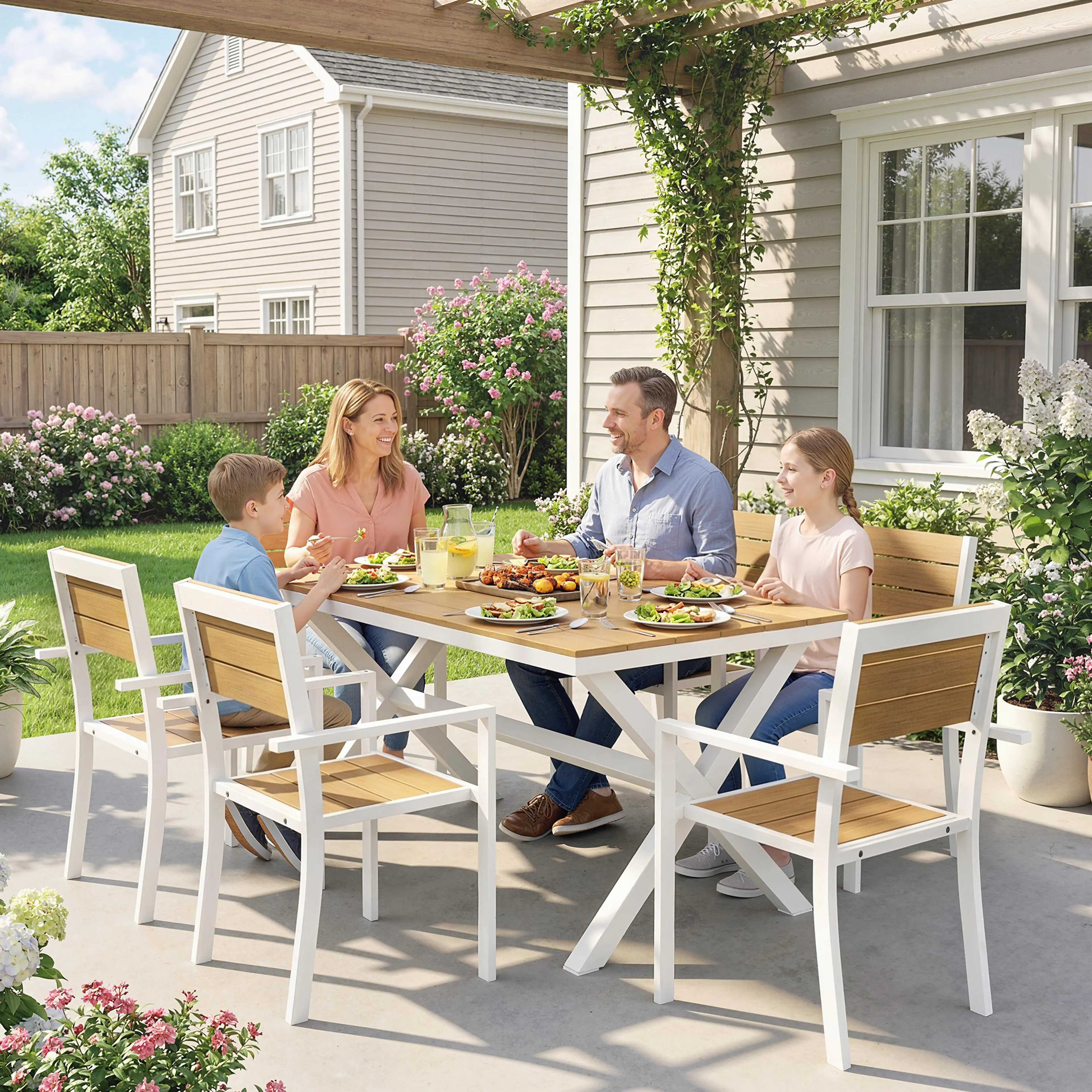 En familj äter middag vid utemöbelsetet under en pergola