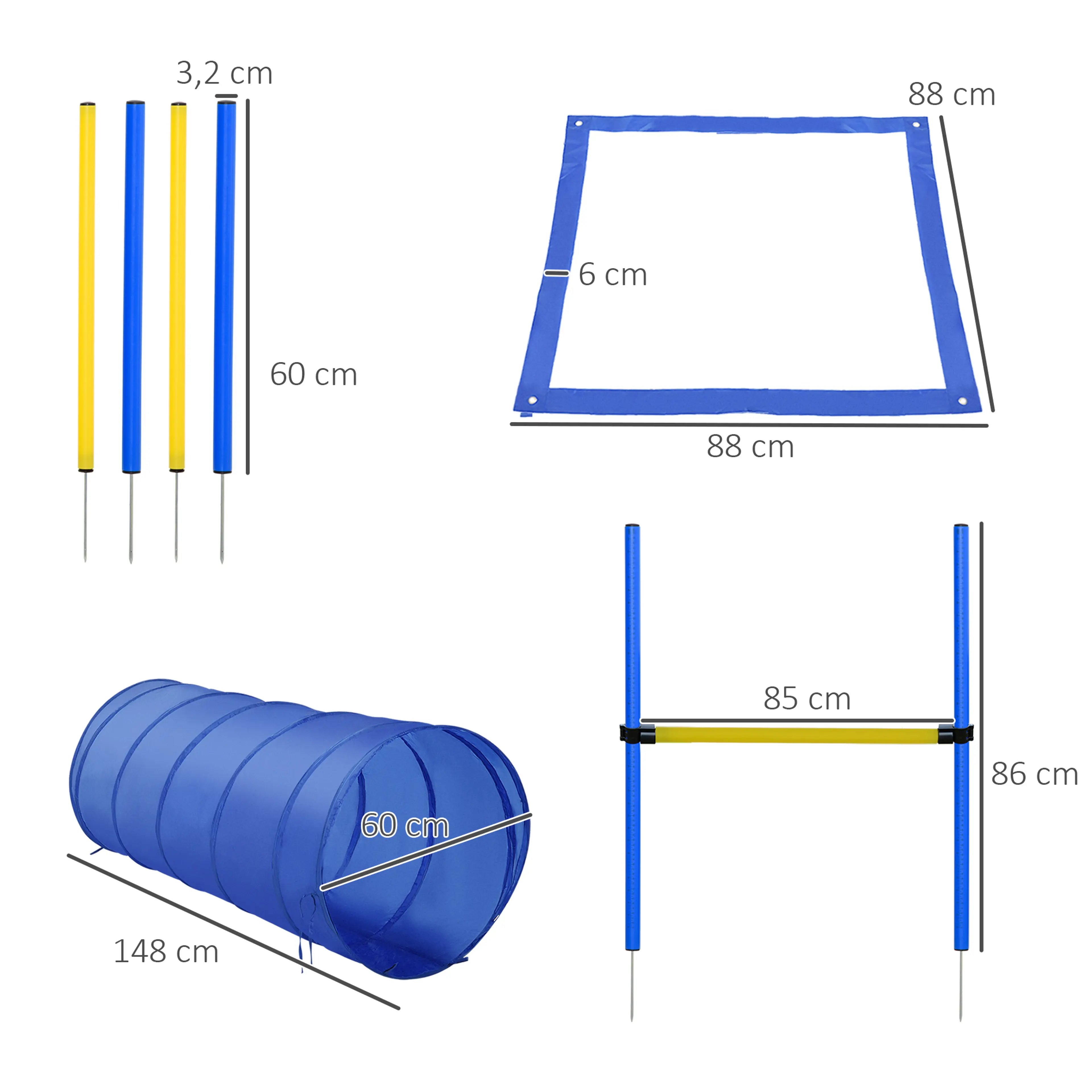 Måttbild: tunneln är 148 cm lång och Ø60 cm, slalomstängerna 60 cm, hindret 86 cm högt med en ribba på 85 cm och startfältet 88 × 88 cm