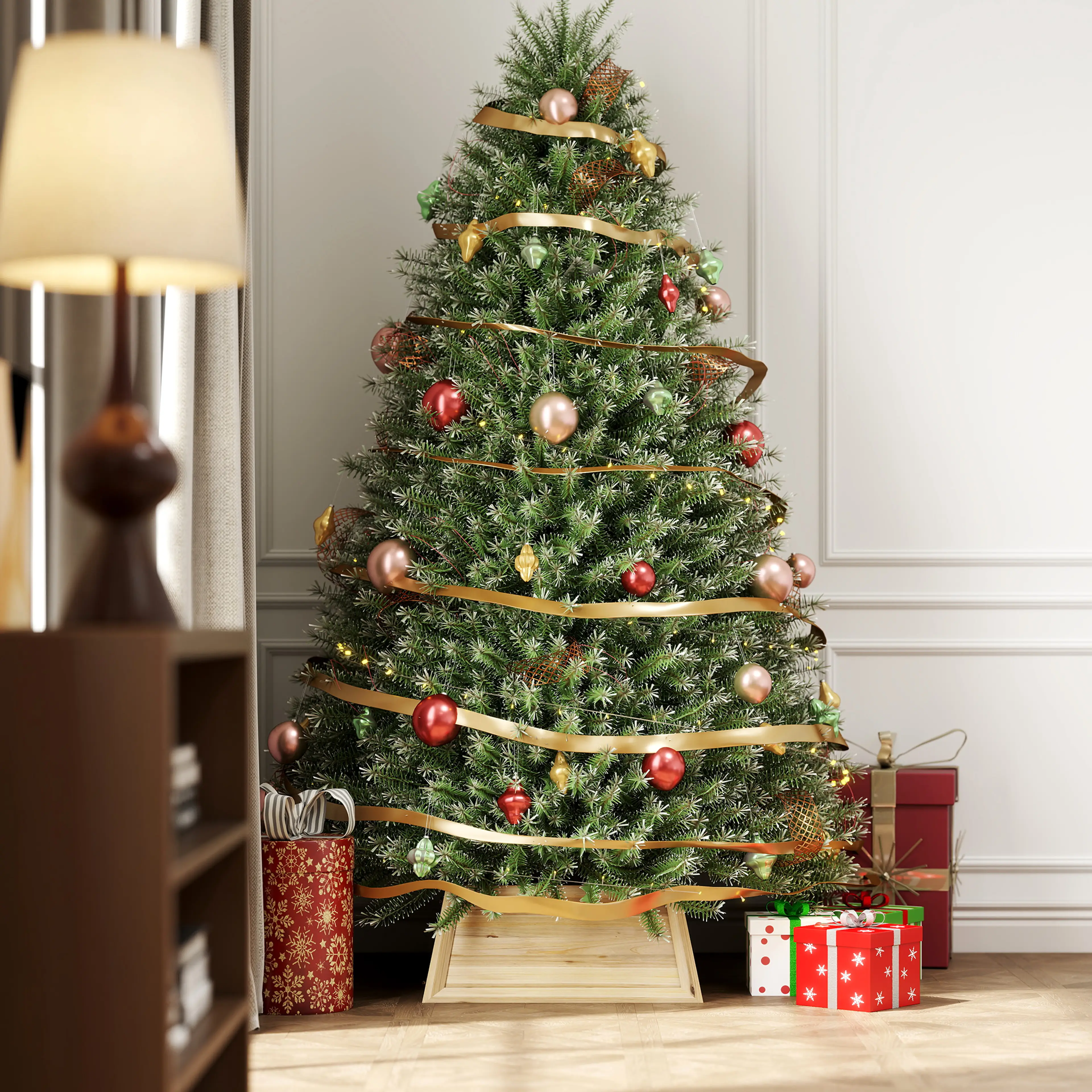 Julgranskragen i ett vardagsrum med tänd gran