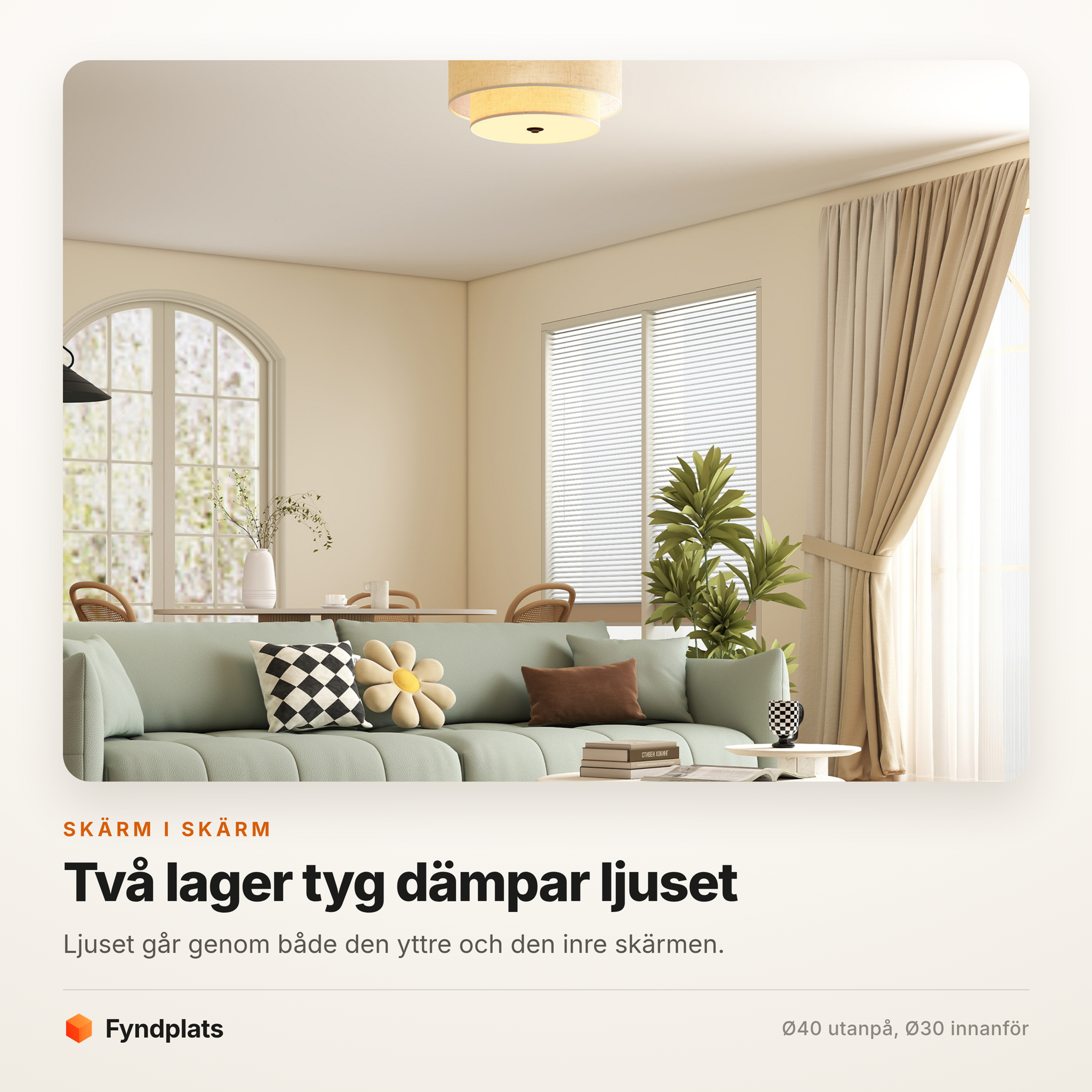 Taklampa med dubbel linneskärm Ø40 cm – tre E14, krämvit och svart – bild 2